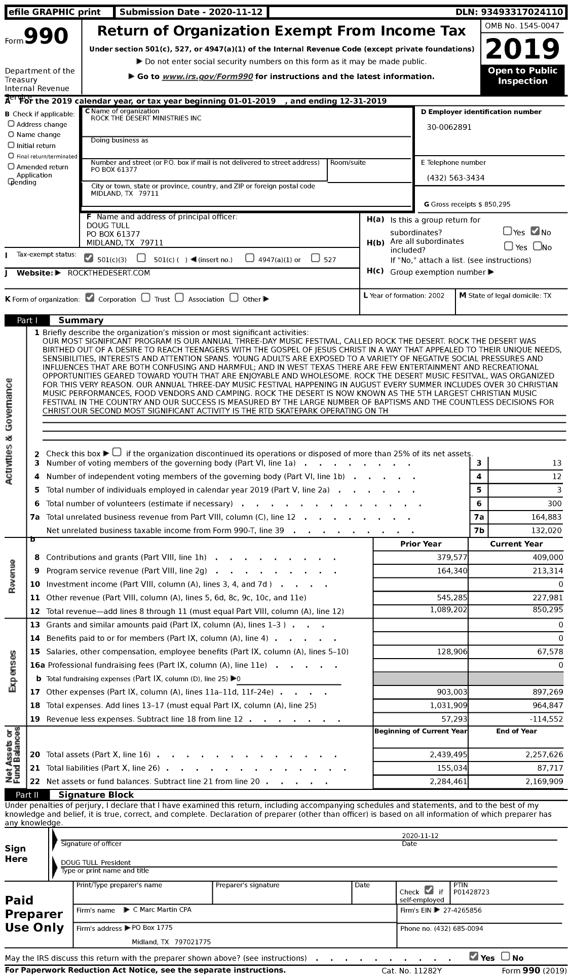 Image of first page of 2019 Form 990 for Rock the Desert Ministries