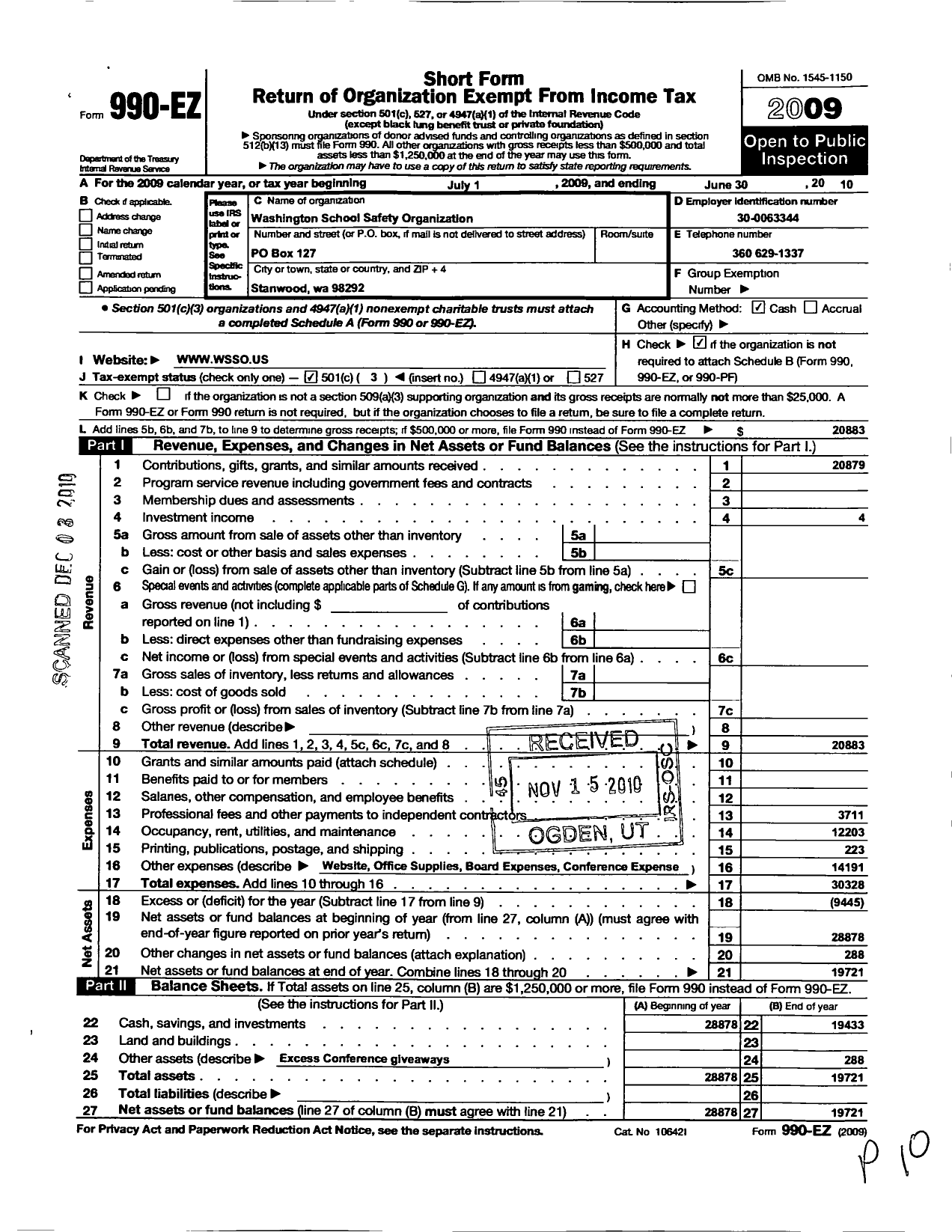 Image of first page of 2009 Form 990EZ for Washington School Safety Organization