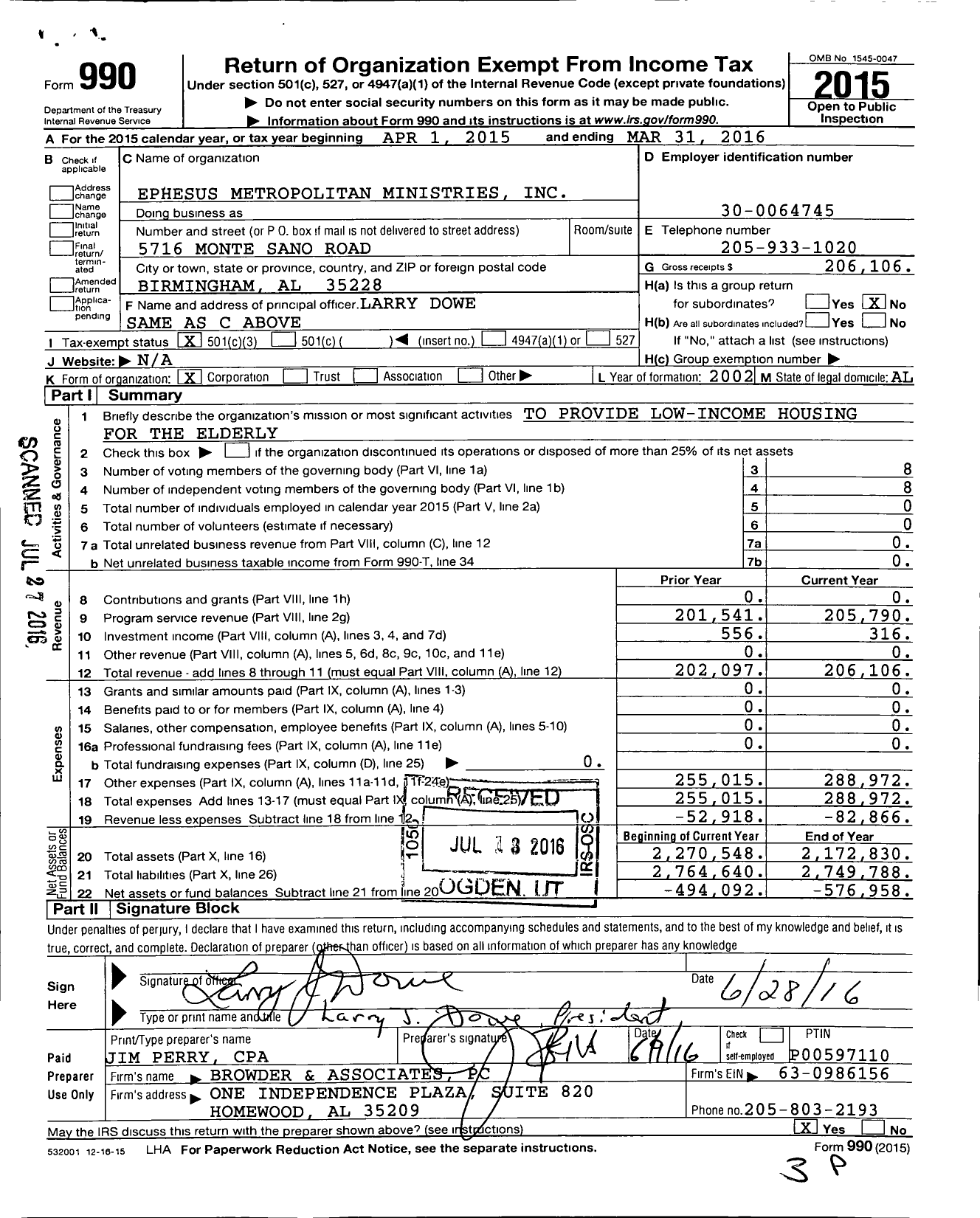 Image of first page of 2015 Form 990 for Ephesus Metropolitan Ministries