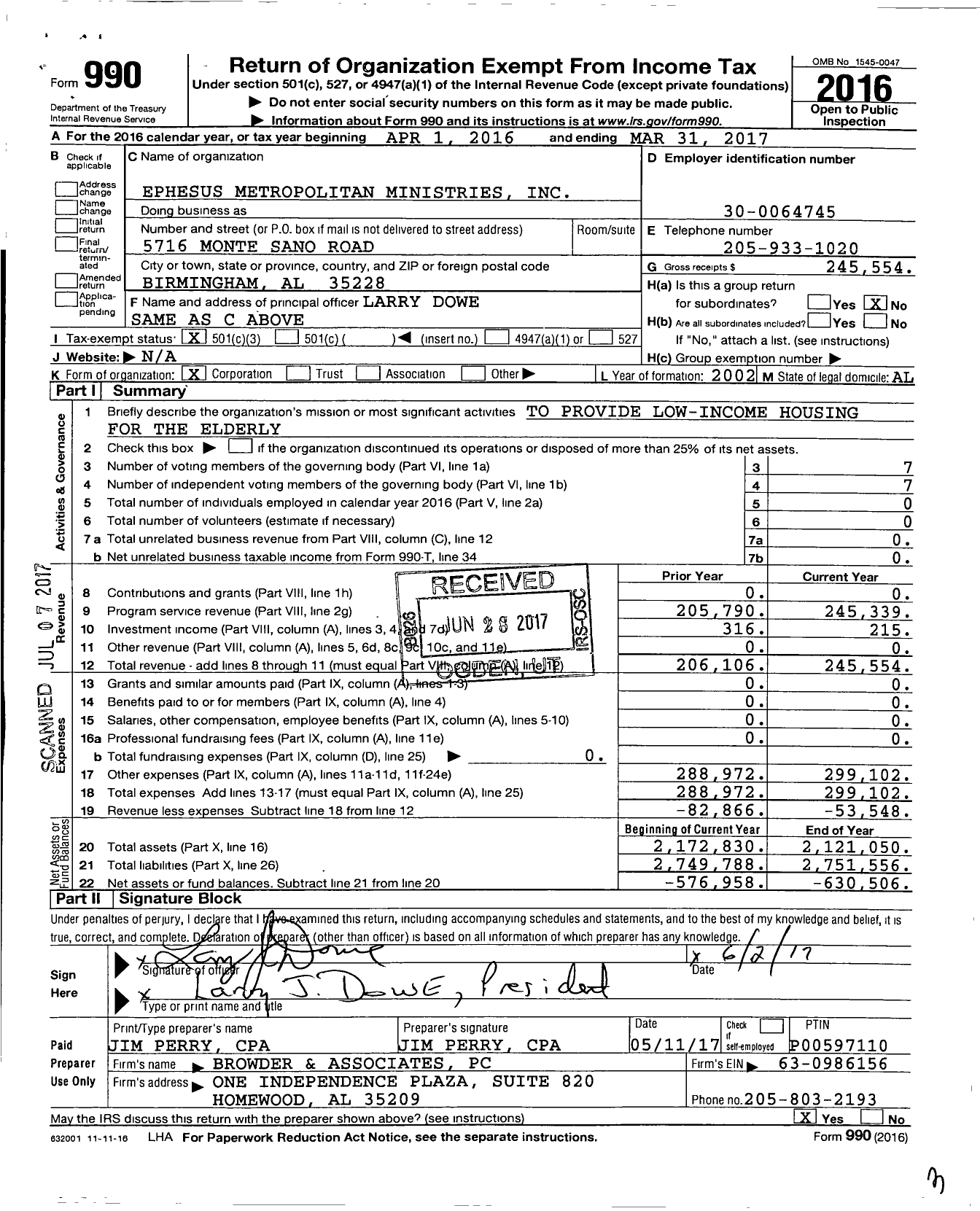 Image of first page of 2016 Form 990 for Ephesus Metropolitan Ministries