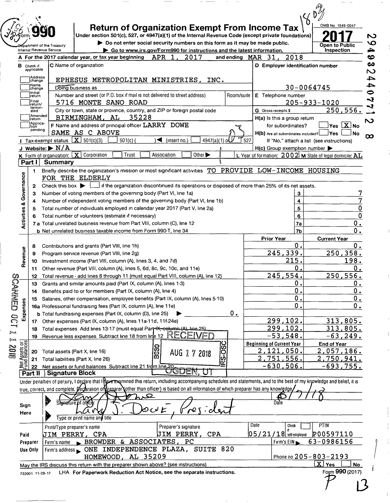 Image of first page of 2017 Form 990 for Ephesus Metropolitan Ministries