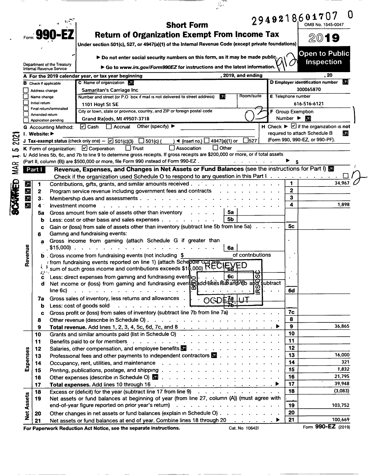 Image of first page of 2019 Form 990EZ for Samaritans Carriage