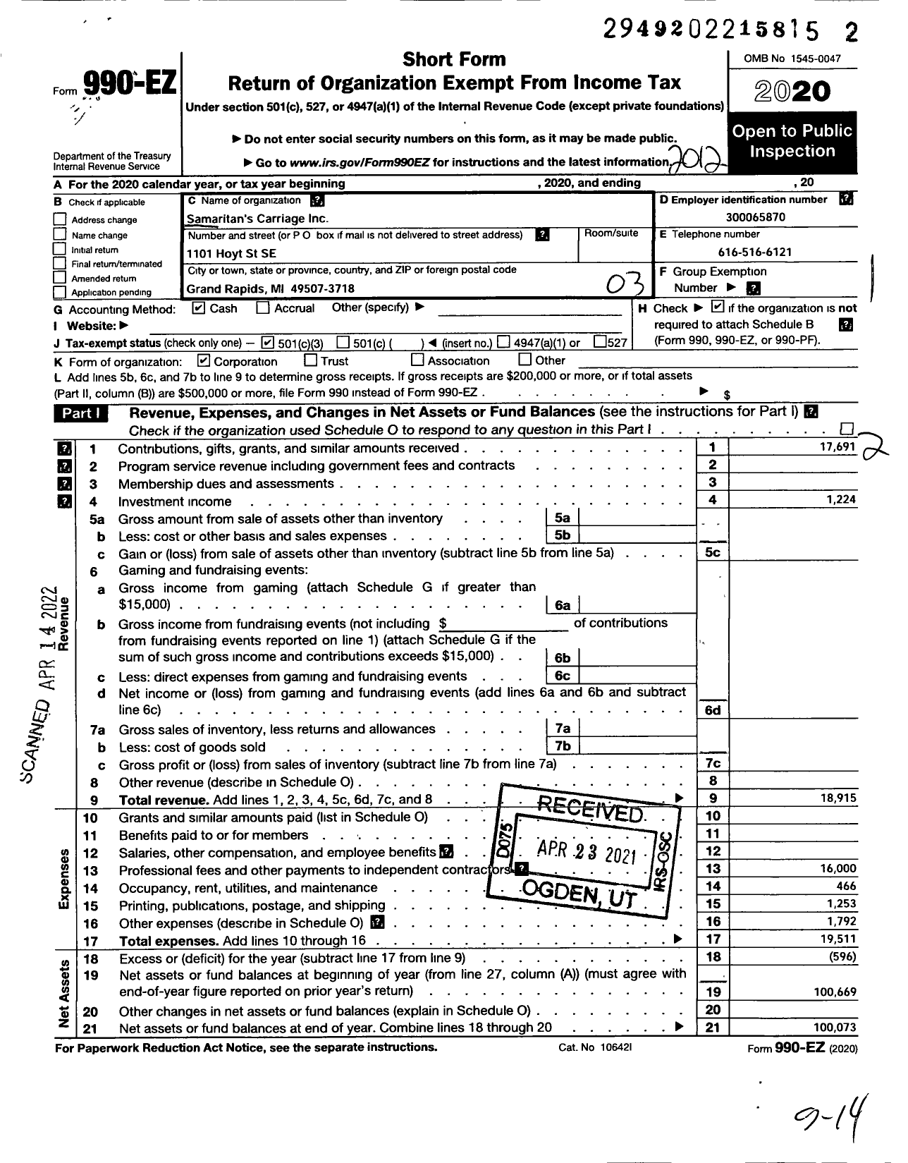 Image of first page of 2020 Form 990EZ for Samaritans Carriage