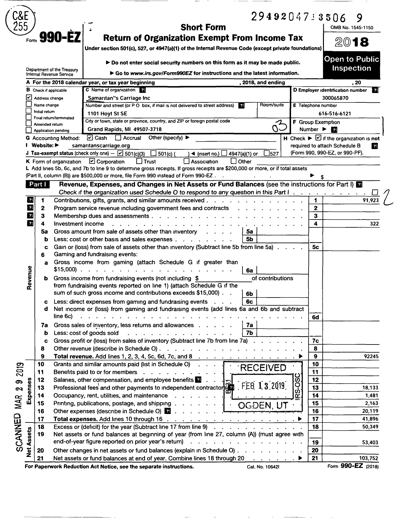 Image of first page of 2018 Form 990EZ for Samaritans Carriage