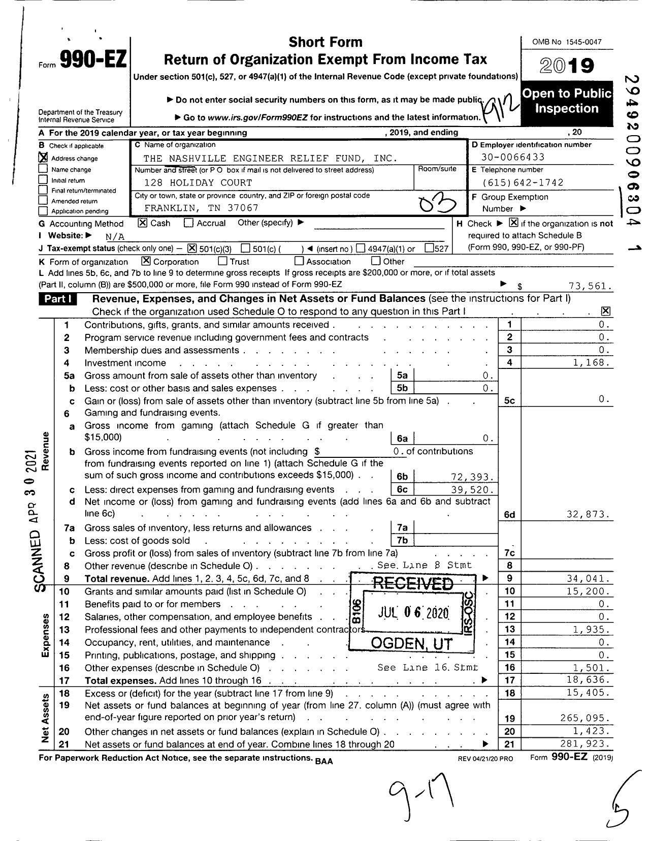 Image of first page of 2019 Form 990EZ for The Nashville Engineer Relief Fund