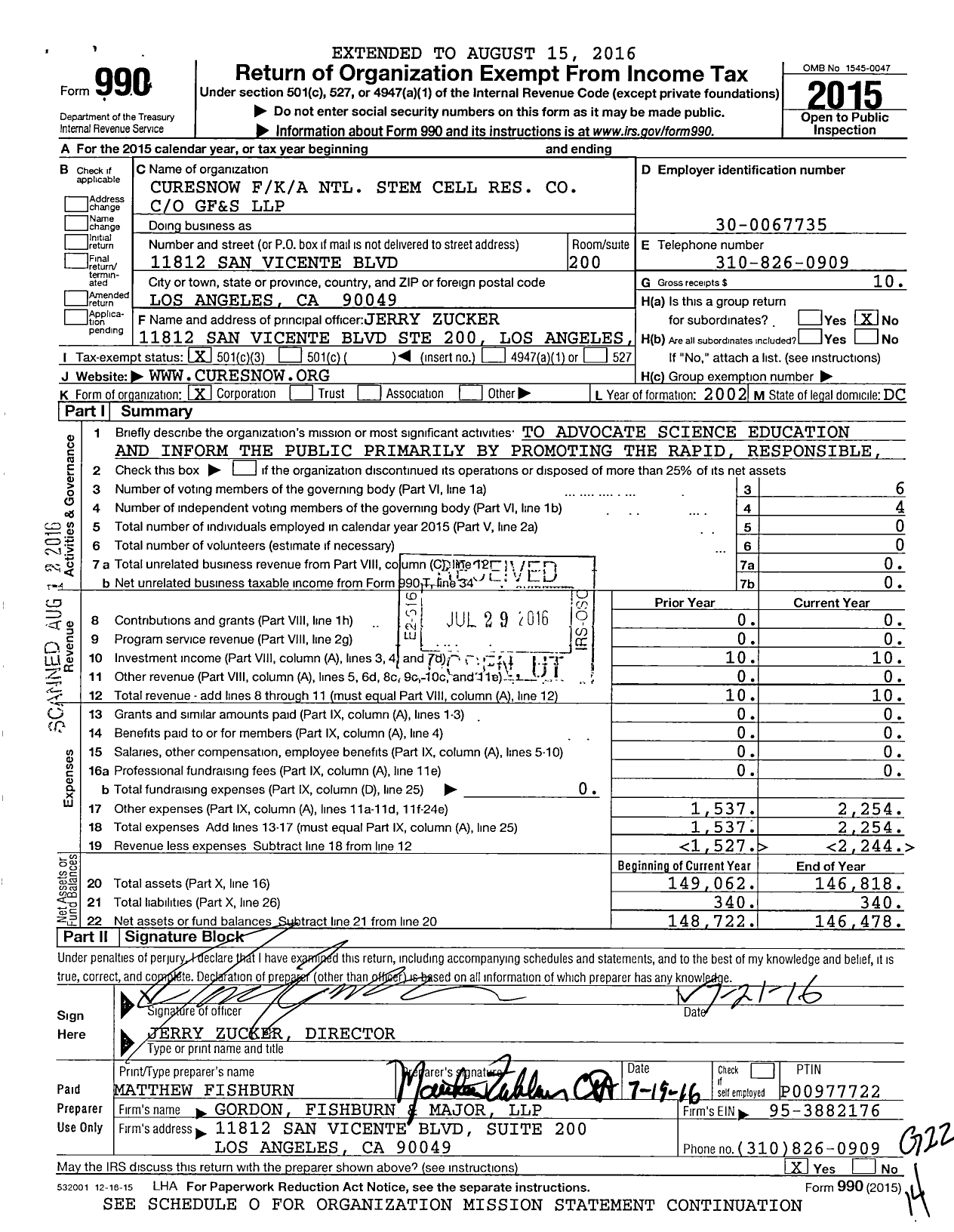 Image of first page of 2015 Form 990 for Curesnow