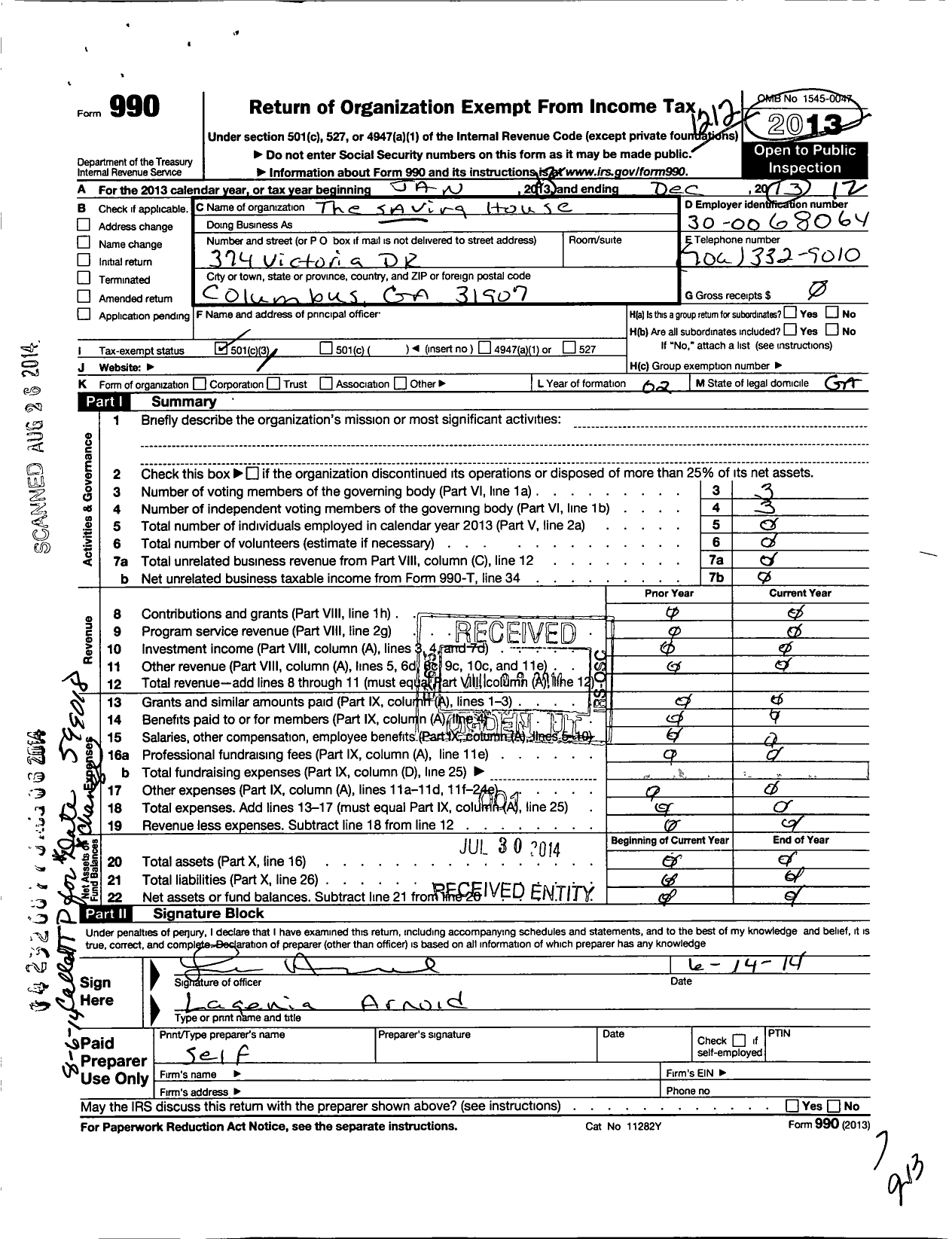 Image of first page of 2012 Form 990 for The Saving House