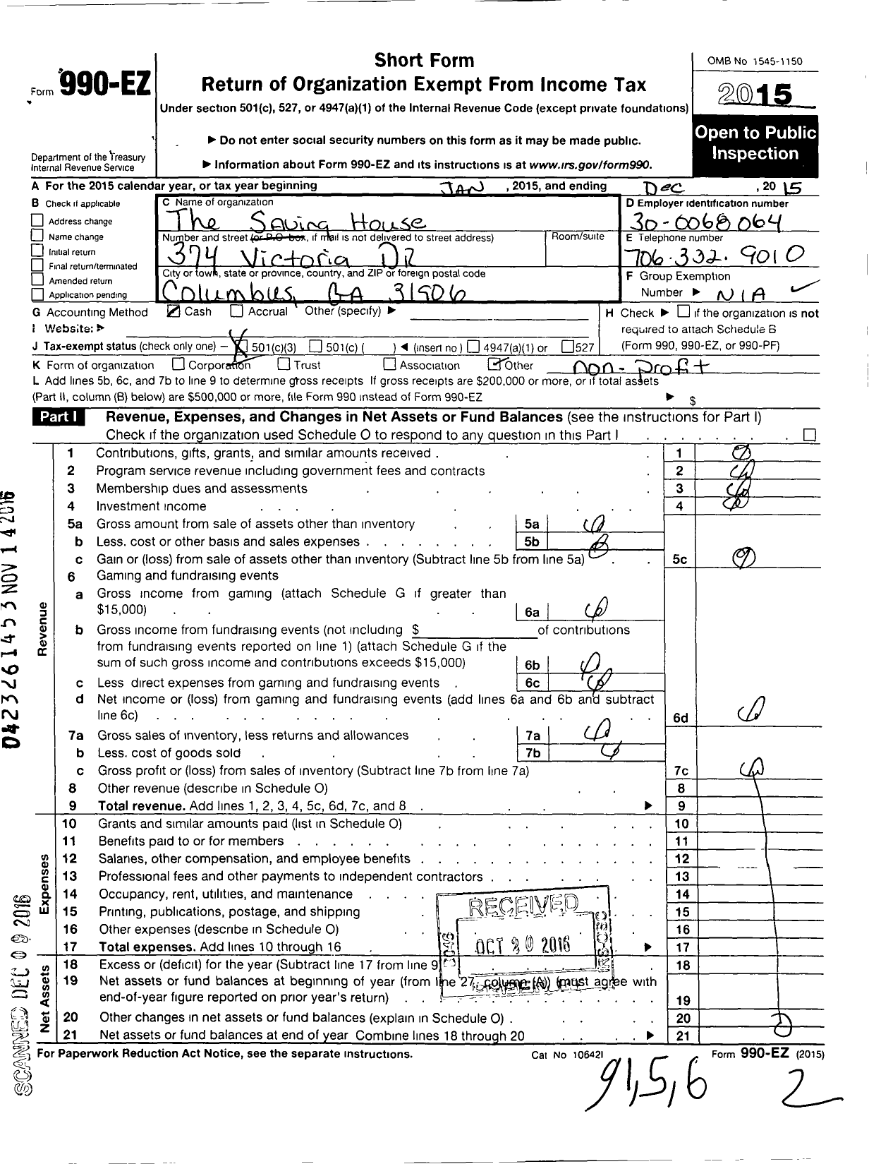 Image of first page of 2015 Form 990EZ for The Saving House