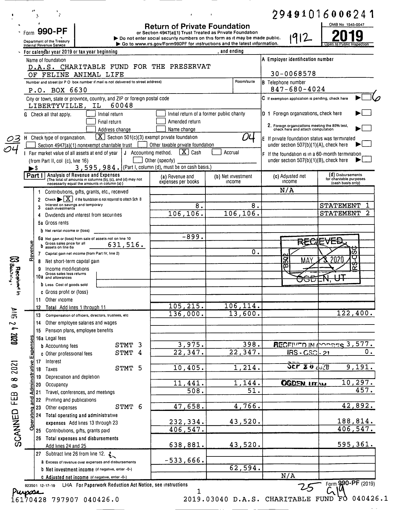 Image of first page of 2019 Form 990PF for Das Charitable Fund for the Preservation of Feline Animal Life