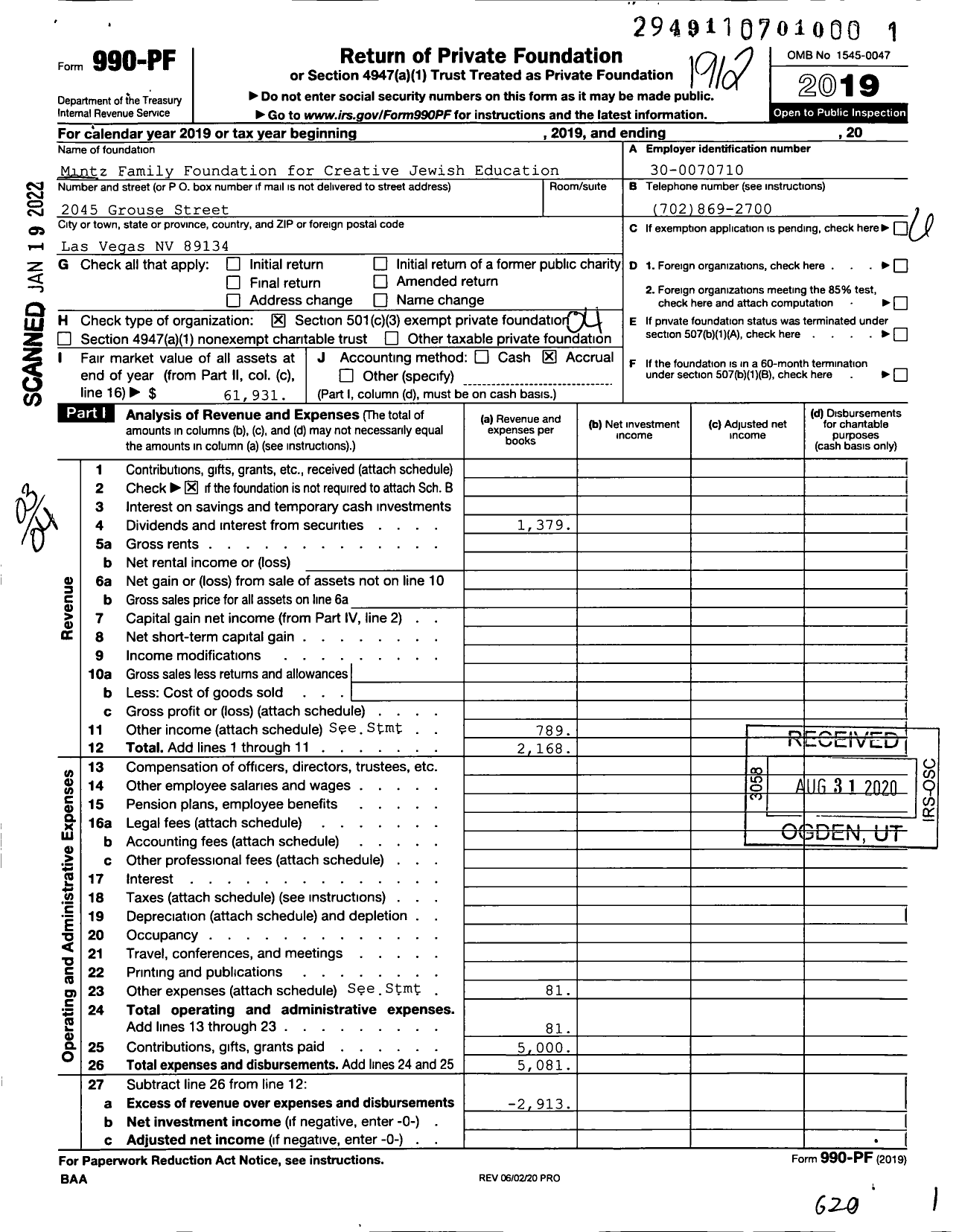 Image of first page of 2019 Form 990PF for Mintz Family Foundation for Creative Jewish Studies