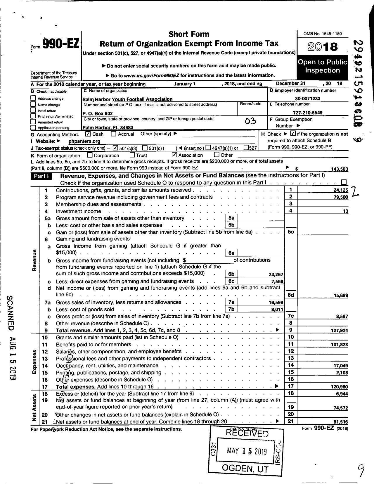 Image of first page of 2018 Form 990EZ for Pop Warner Little Scholars / North Pinellas Panthers Youth FTBL