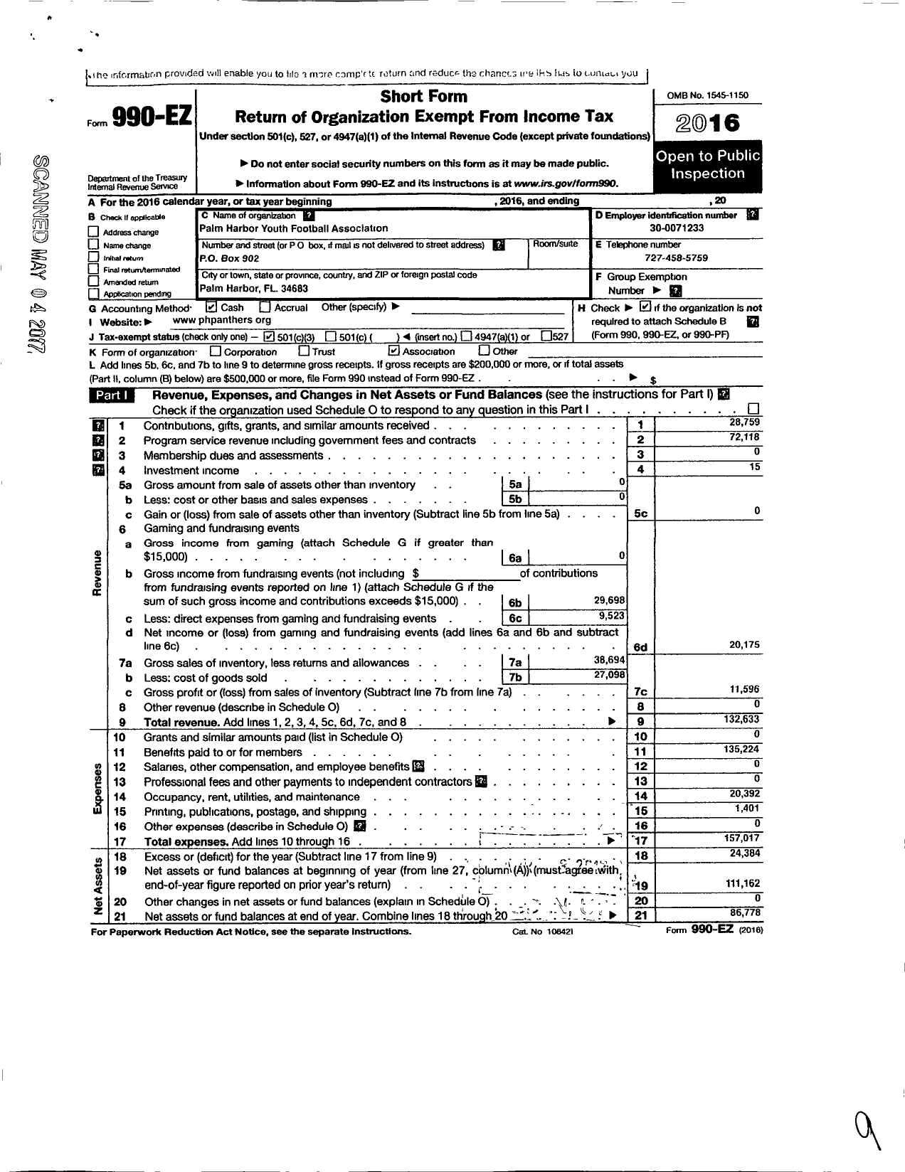 Image of first page of 2016 Form 990EZ for Pop Warner Little Scholars / North Pinellas Panthers Youth FTBL