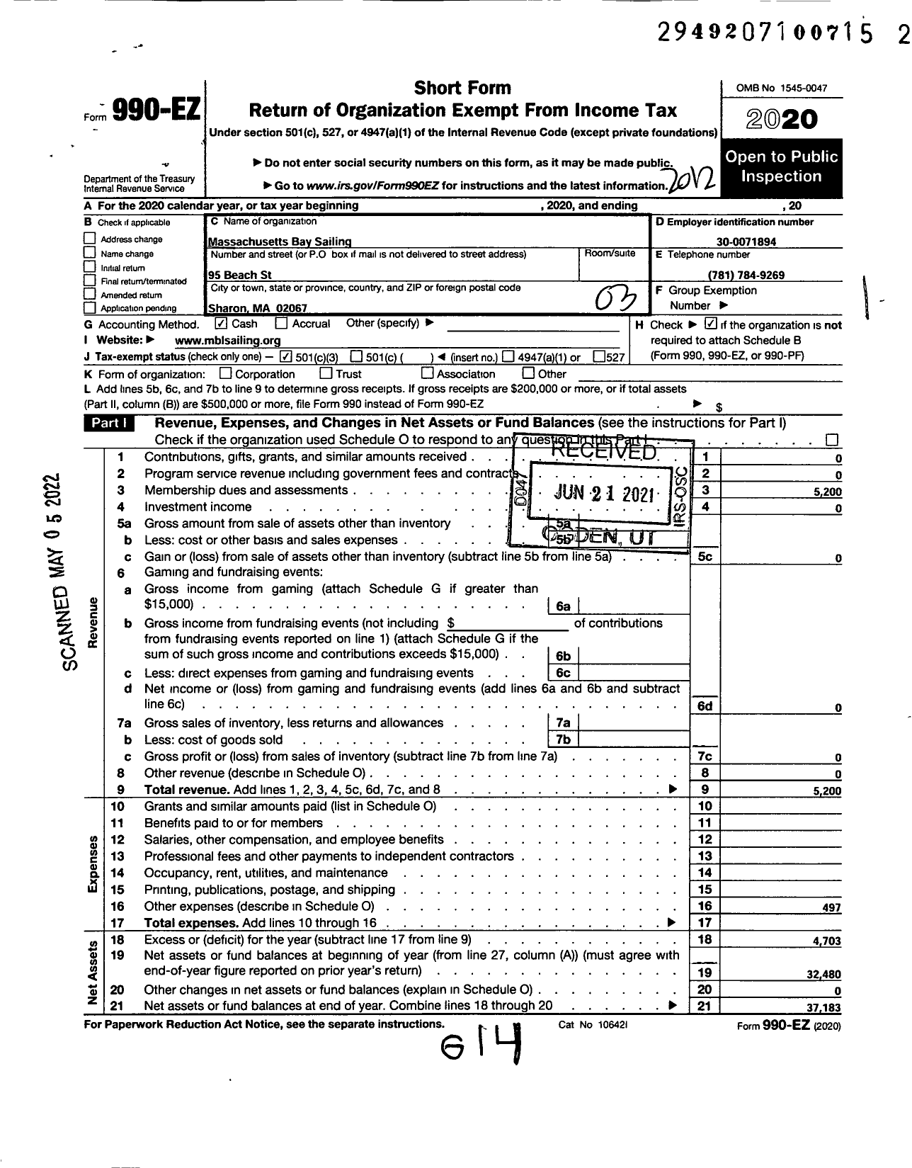 Image of first page of 2020 Form 990EZ for Massachusetts Bay Sailing League