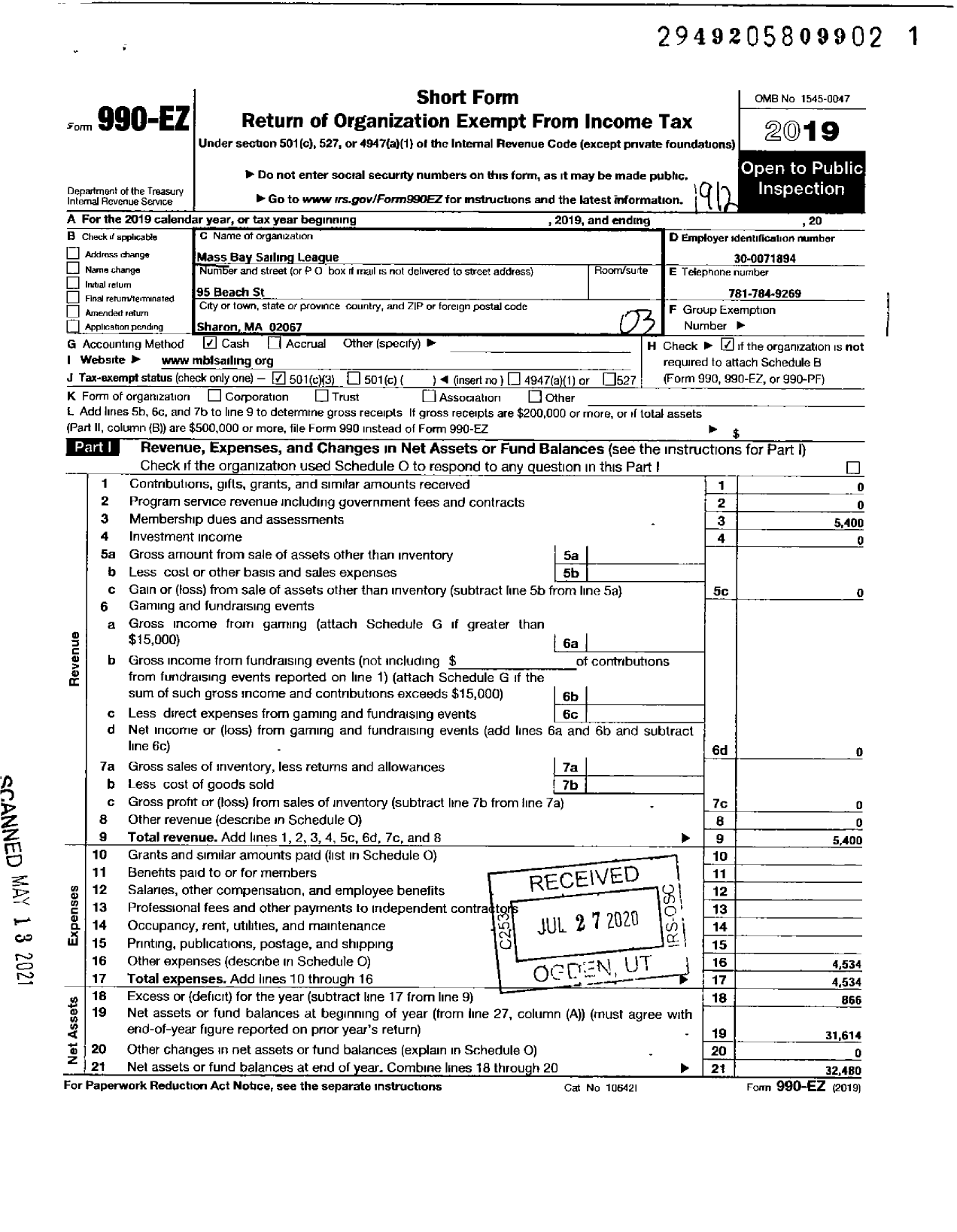 Image of first page of 2019 Form 990EZ for Massachusetts Bay Sailing League