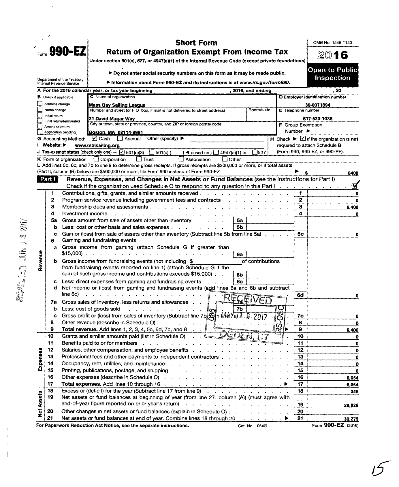 Image of first page of 2016 Form 990EZ for Massachusetts Bay Sailing League