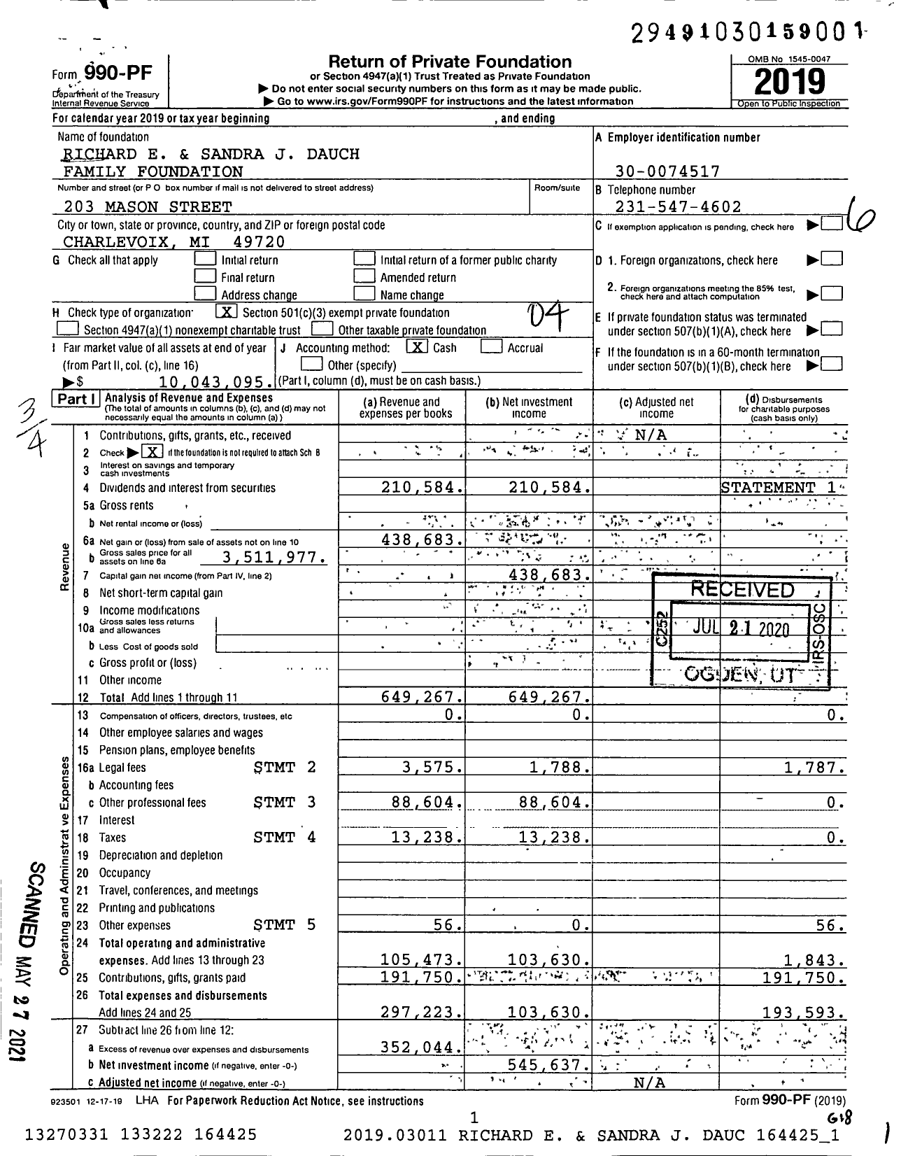 Image of first page of 2019 Form 990PF for Richard E and Sandra J Dauch Family Foundation
