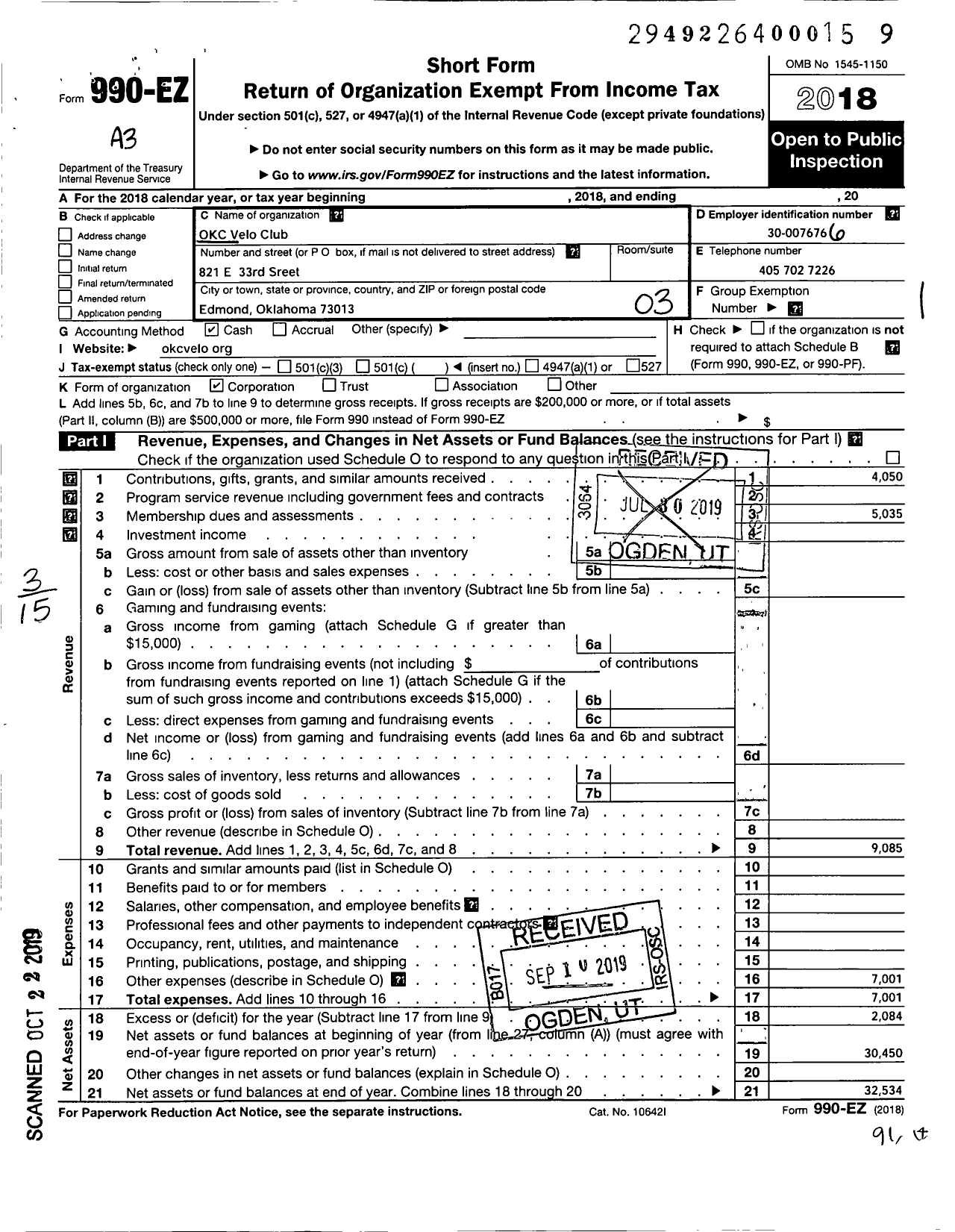 Image of first page of 2018 Form 990EZ for Okc Velo Club