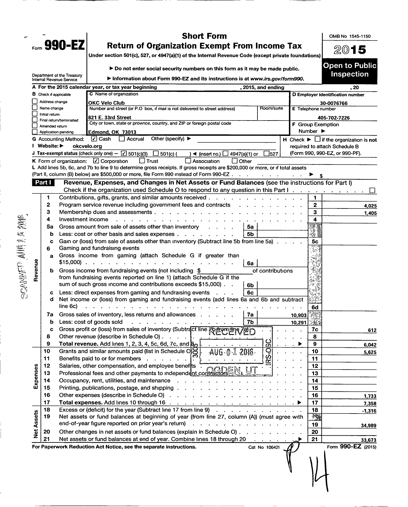 Image of first page of 2015 Form 990EZ for Okc Velo Club