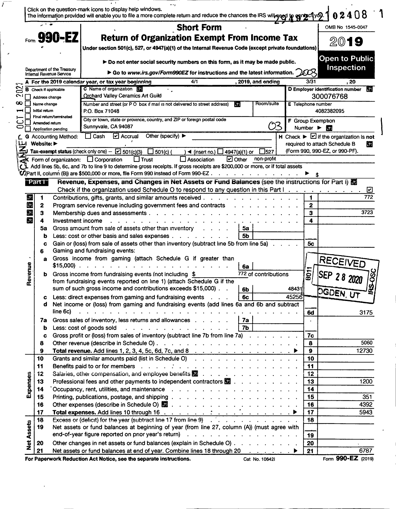 Image of first page of 2019 Form 990EZ for Orchard Valley Ceramic Arts Guild