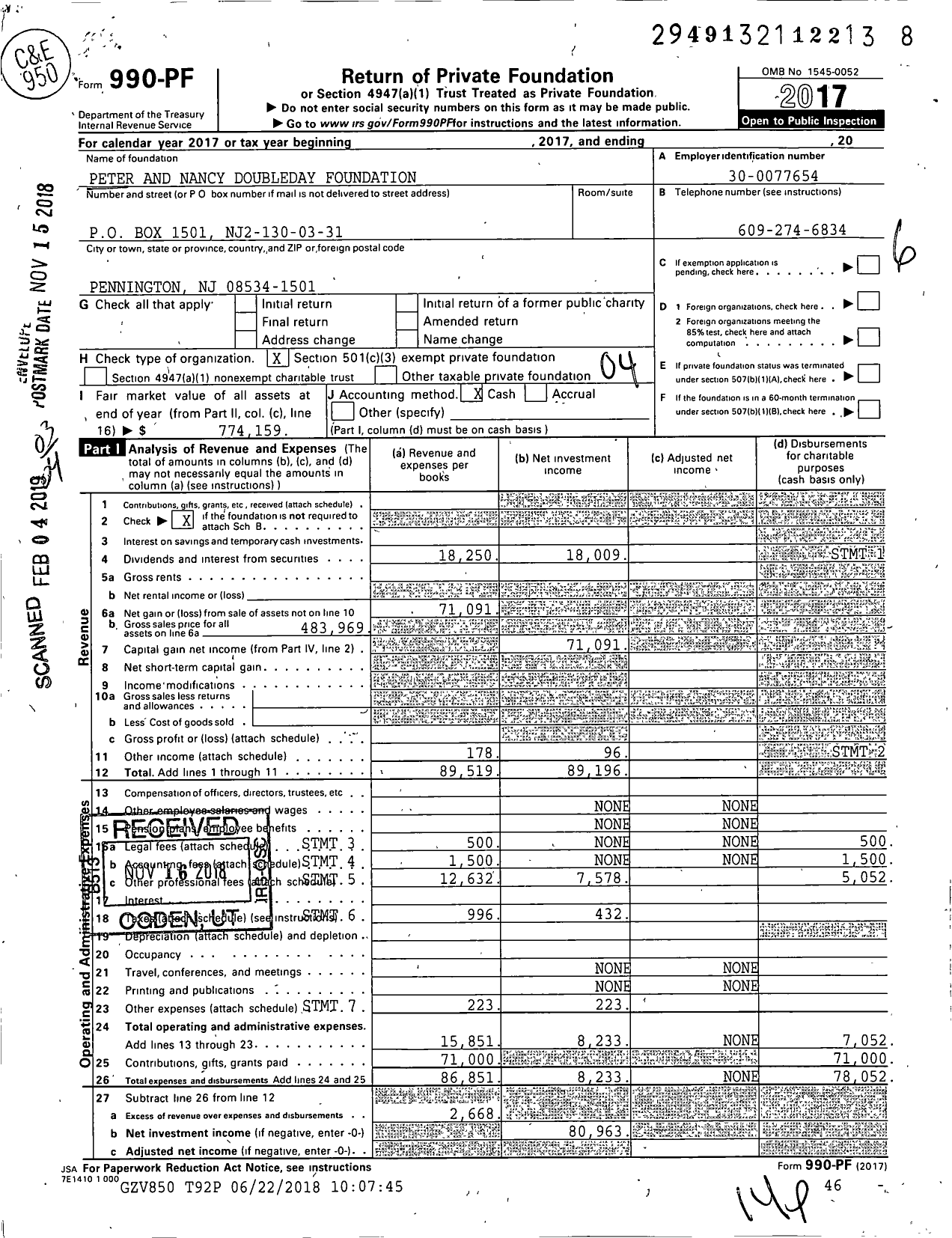 Image of first page of 2017 Form 990PF for Peter and Nancy Doubleday Foundation