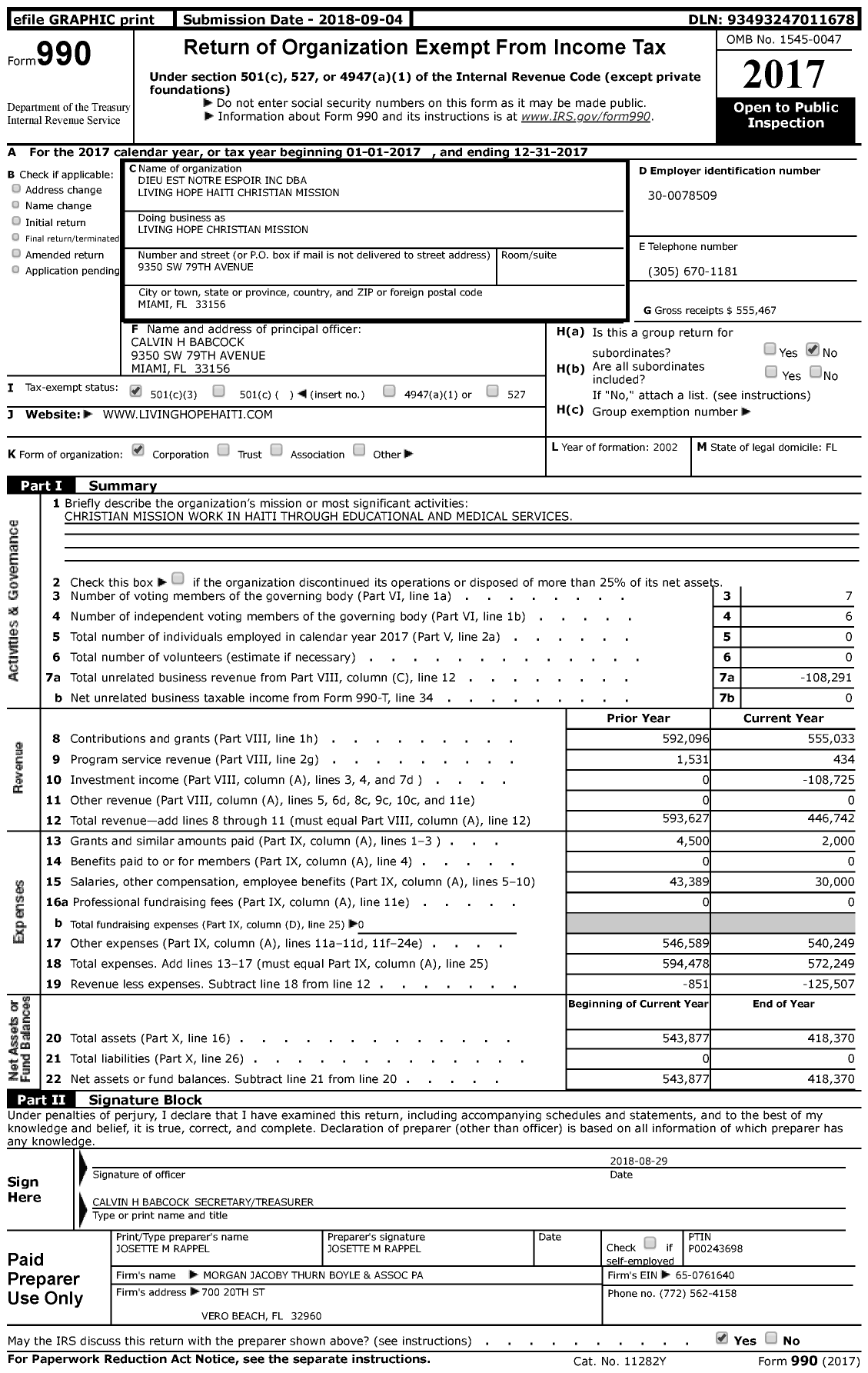 Image of first page of 2017 Form 990 for Living Hope Haiti Christian Mission