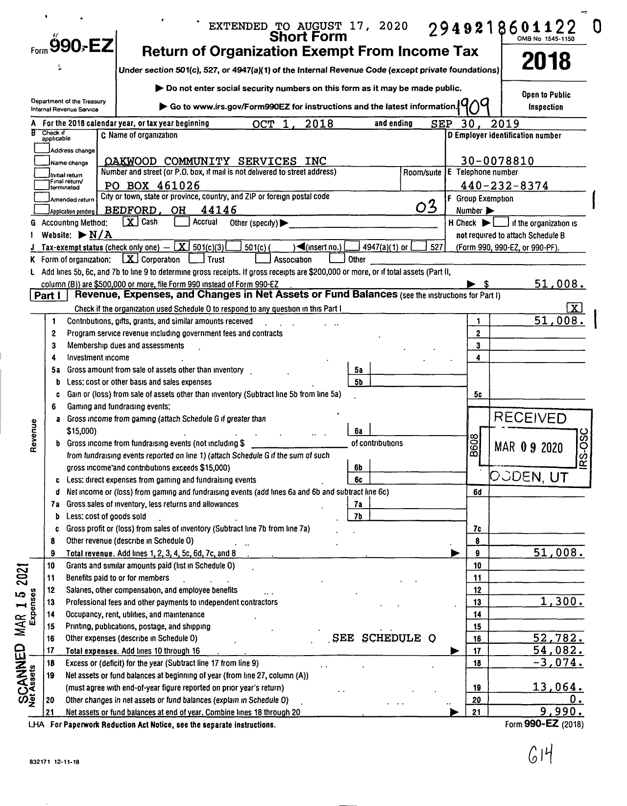 Image of first page of 2018 Form 990EZ for Oakwood Community Services