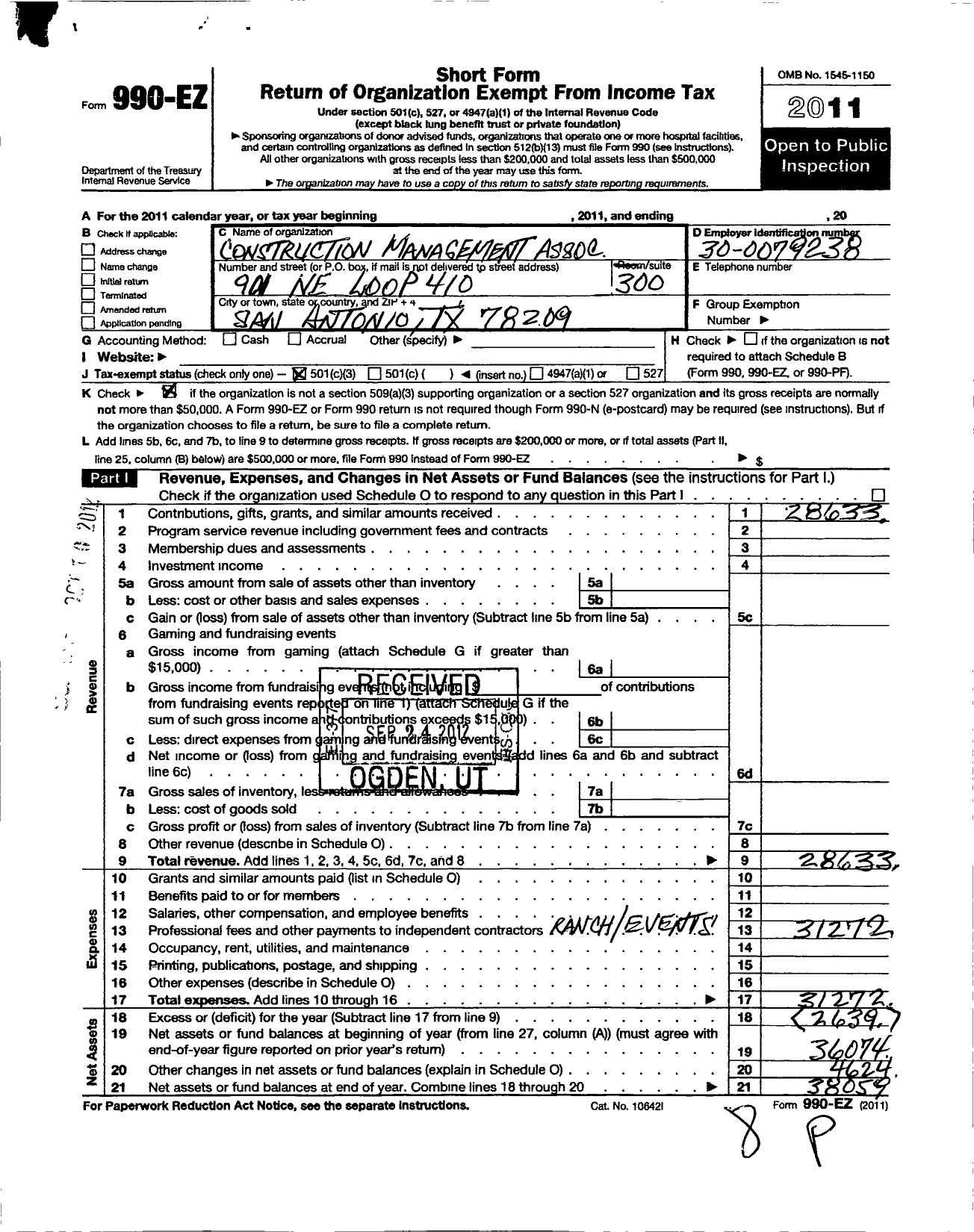 Image of first page of 2011 Form 990EZ for Construction Management Association of America / Cmaa South Central Texas Chapter