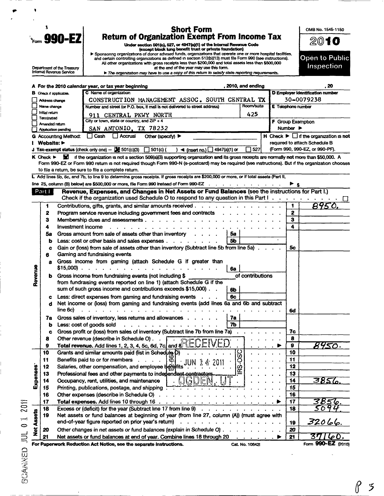 Image of first page of 2010 Form 990EZ for Construction Management Association of America / Cmaa South Central Texas Chapter