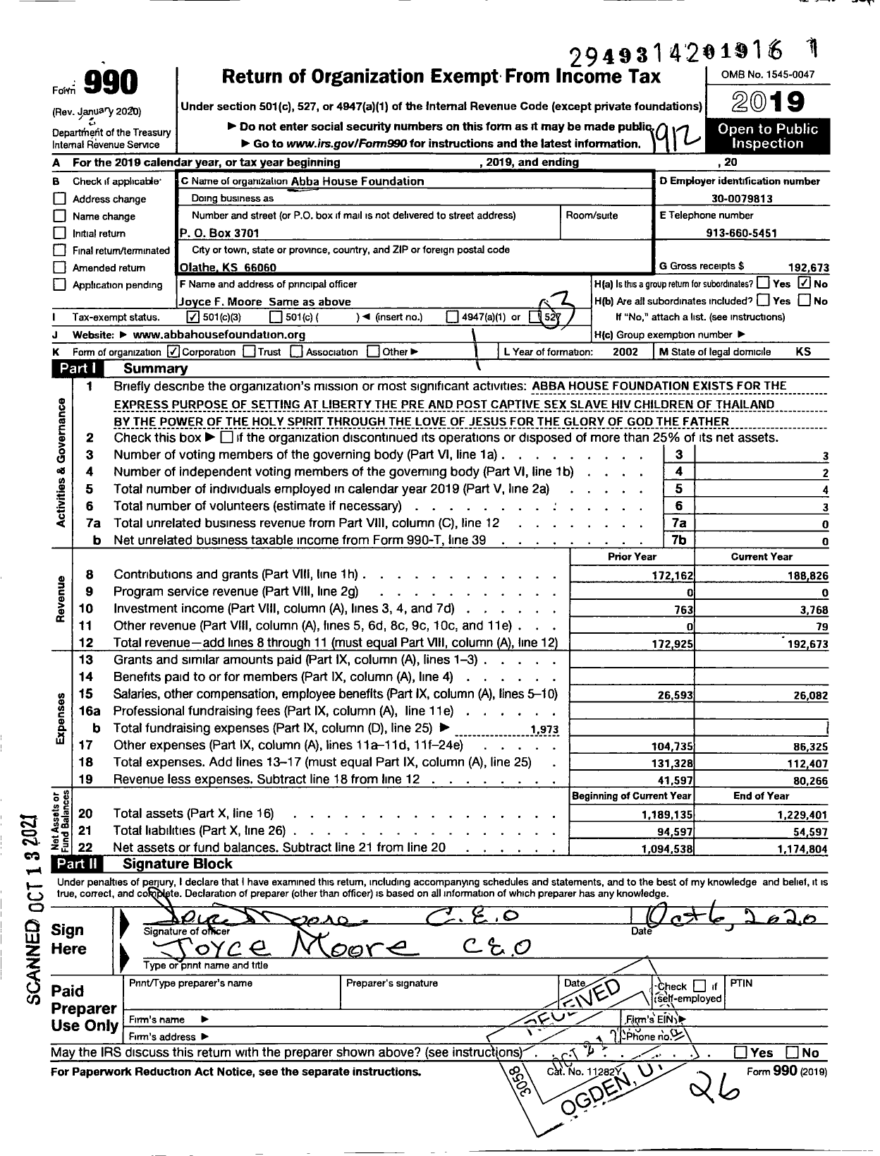 Image of first page of 2019 Form 990 for Abba House Foundation