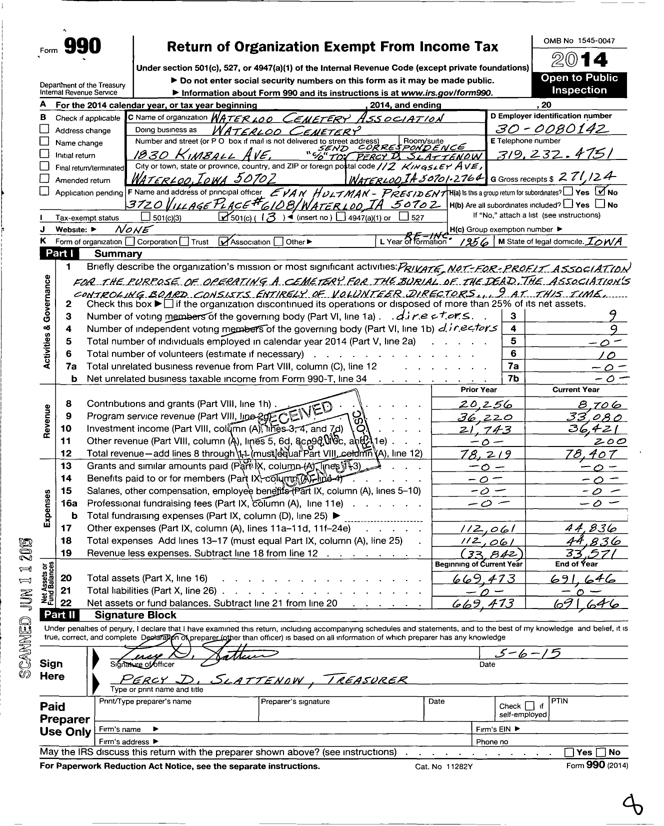 Image of first page of 2014 Form 990O for Waterloo Cemetery