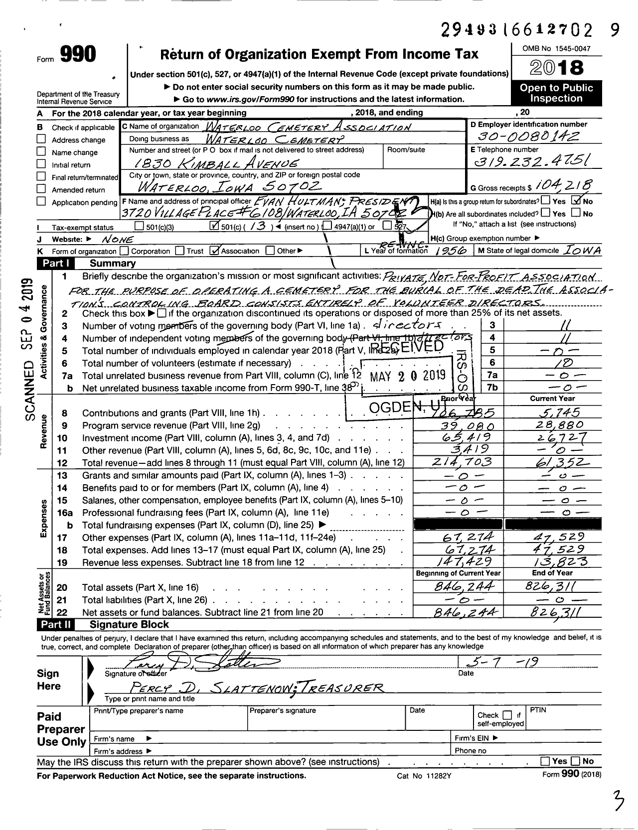 Image of first page of 2018 Form 990O for Waterloo Cemetery