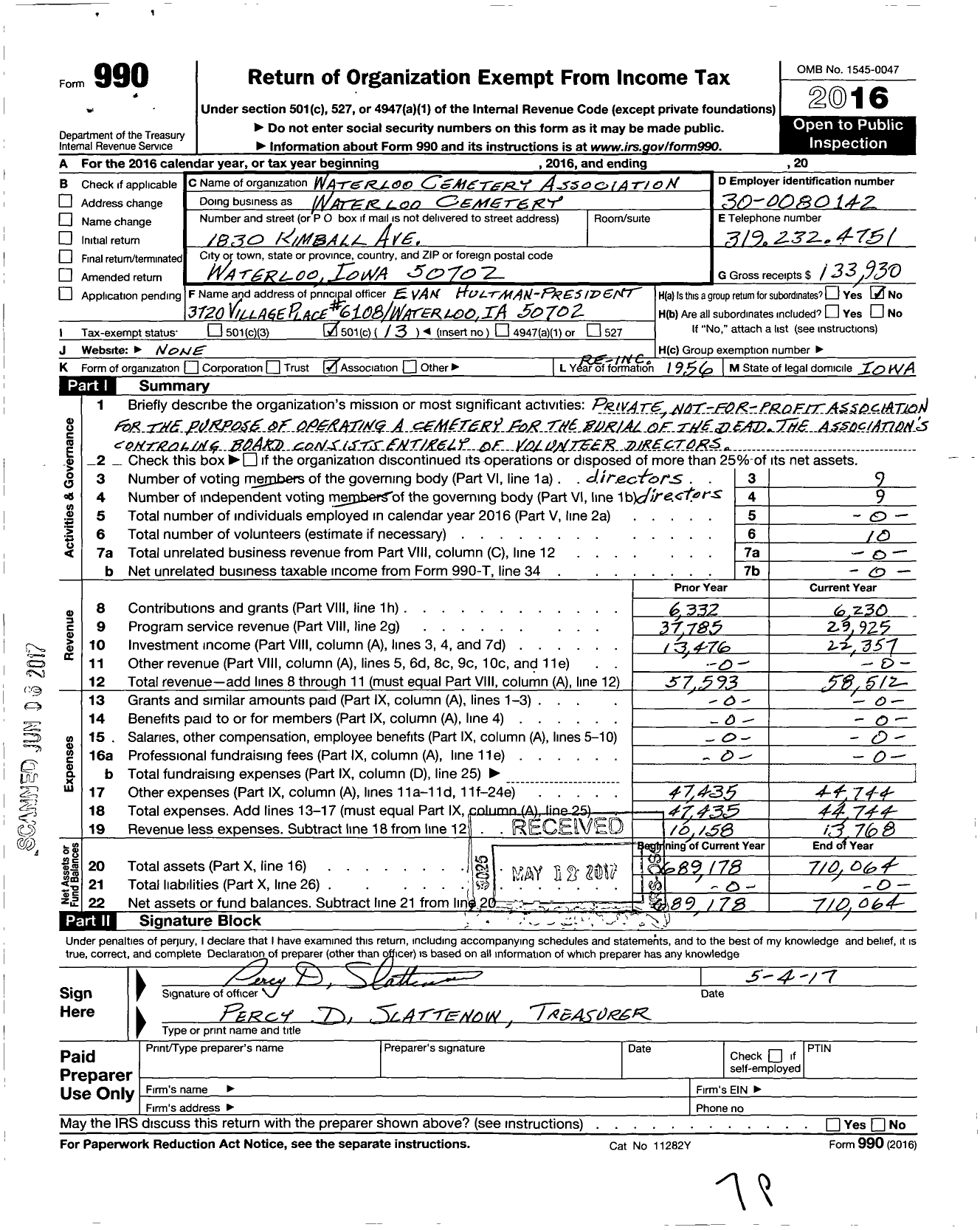 Image of first page of 2016 Form 990O for Waterloo Cemetery