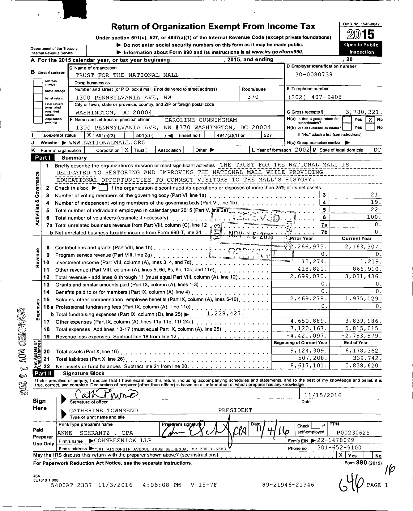 Image of first page of 2015 Form 990 for Trust for the National Mall
