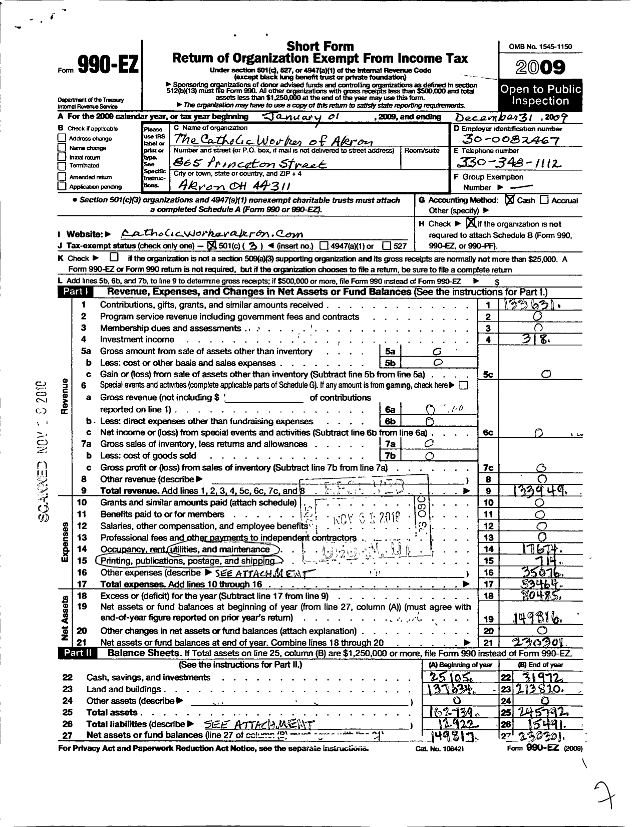 Image of first page of 2009 Form 990EZ for The Catholic Worker of Akron