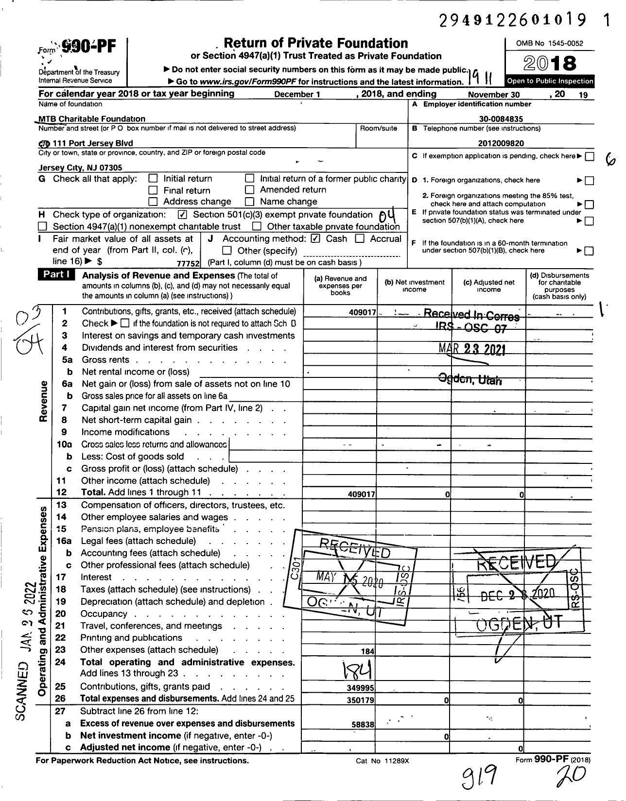 Image of first page of 2018 Form 990PF for MTB Charitable Foundation