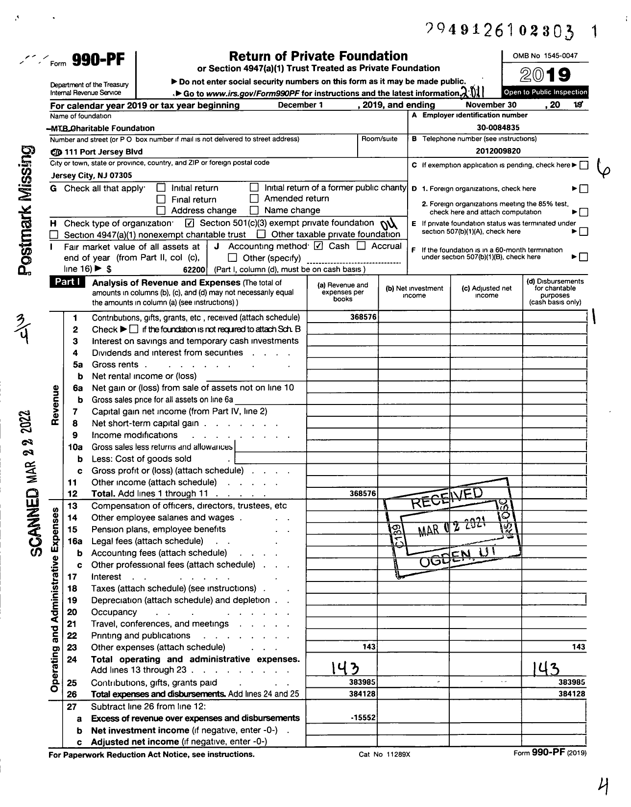 Image of first page of 2019 Form 990PF for MTB Charitable Foundation