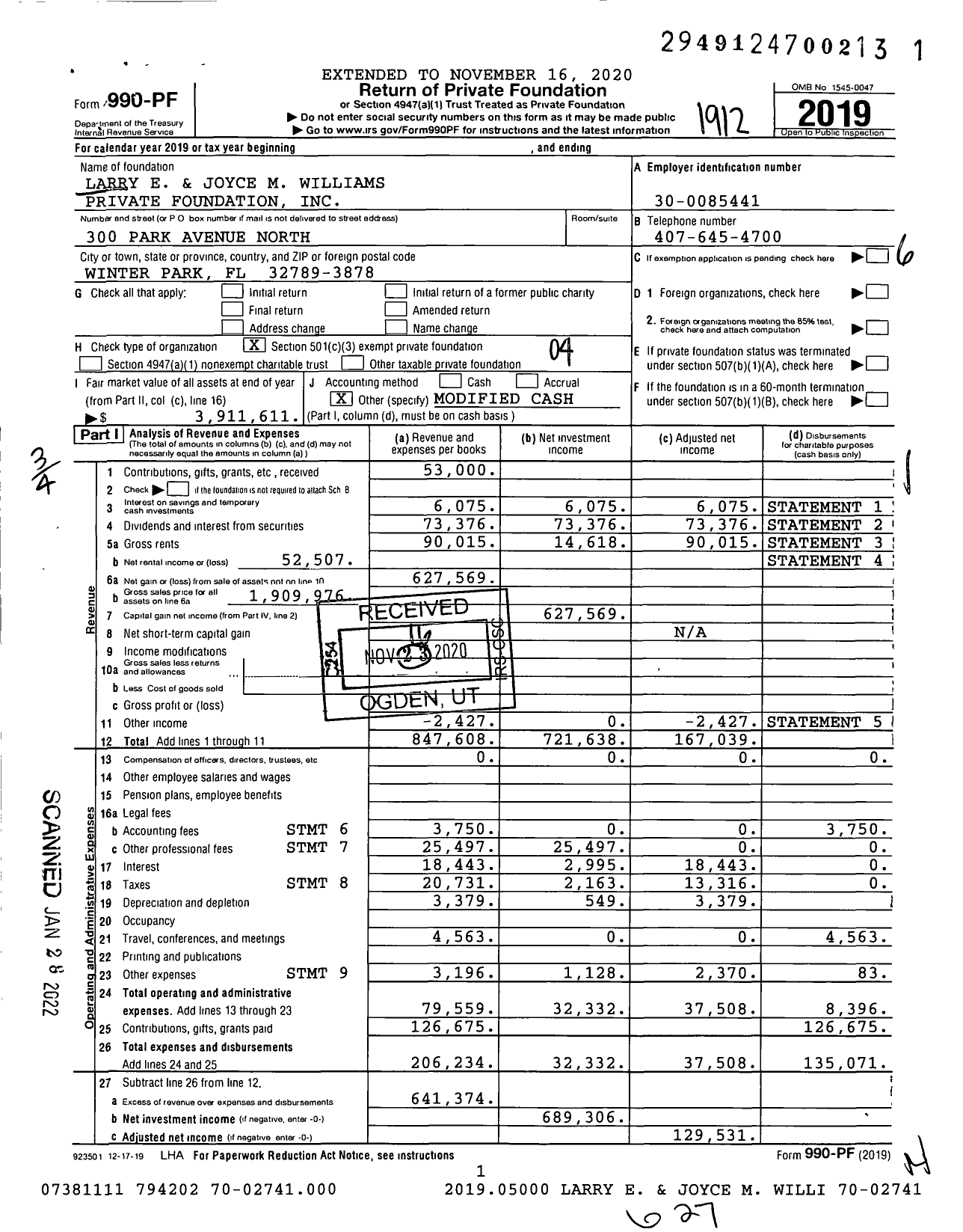 Image of first page of 2019 Form 990PF for Larry E and Joyce M Williams Private Foundation