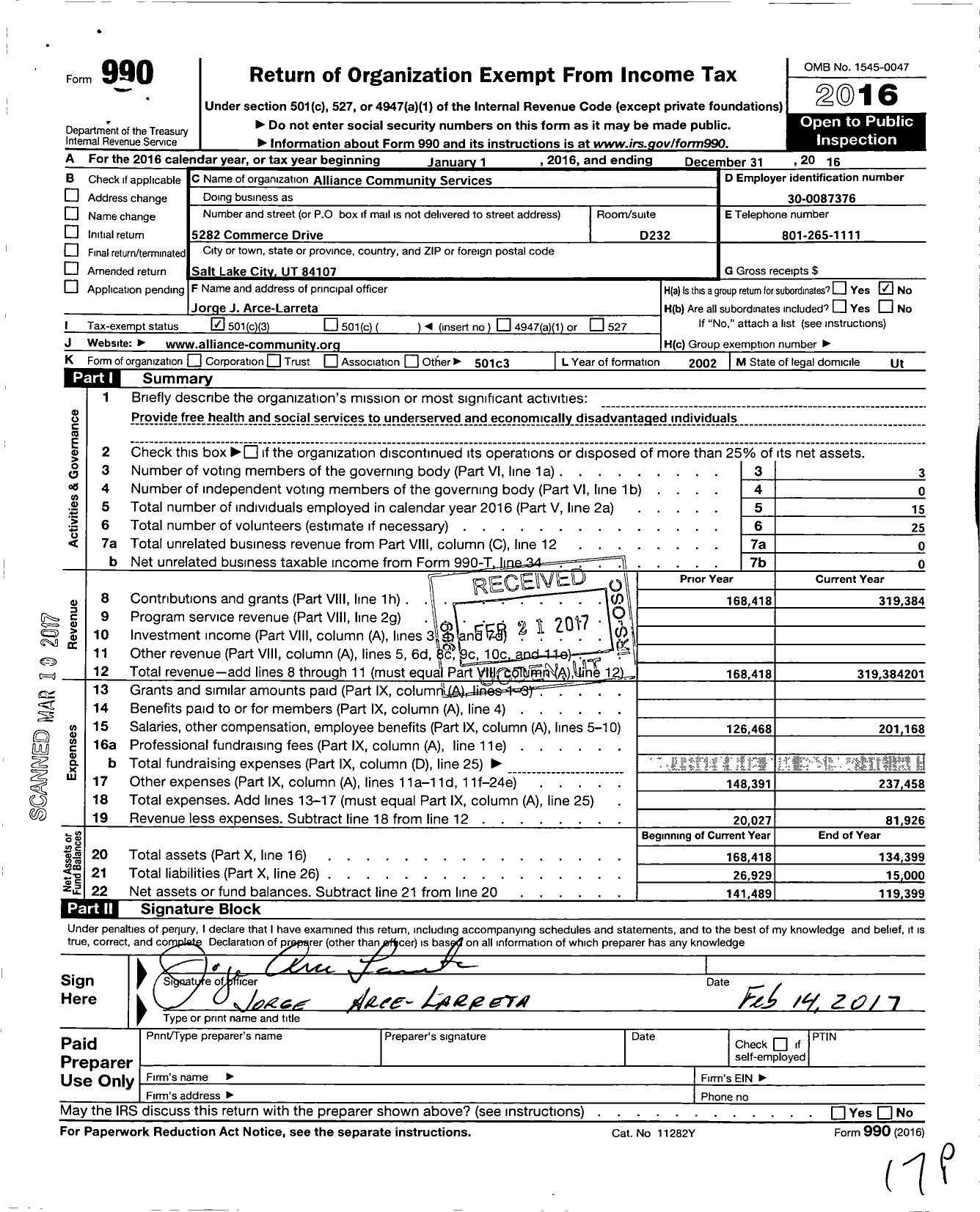 Image of first page of 2016 Form 990 for Alliance Community Services