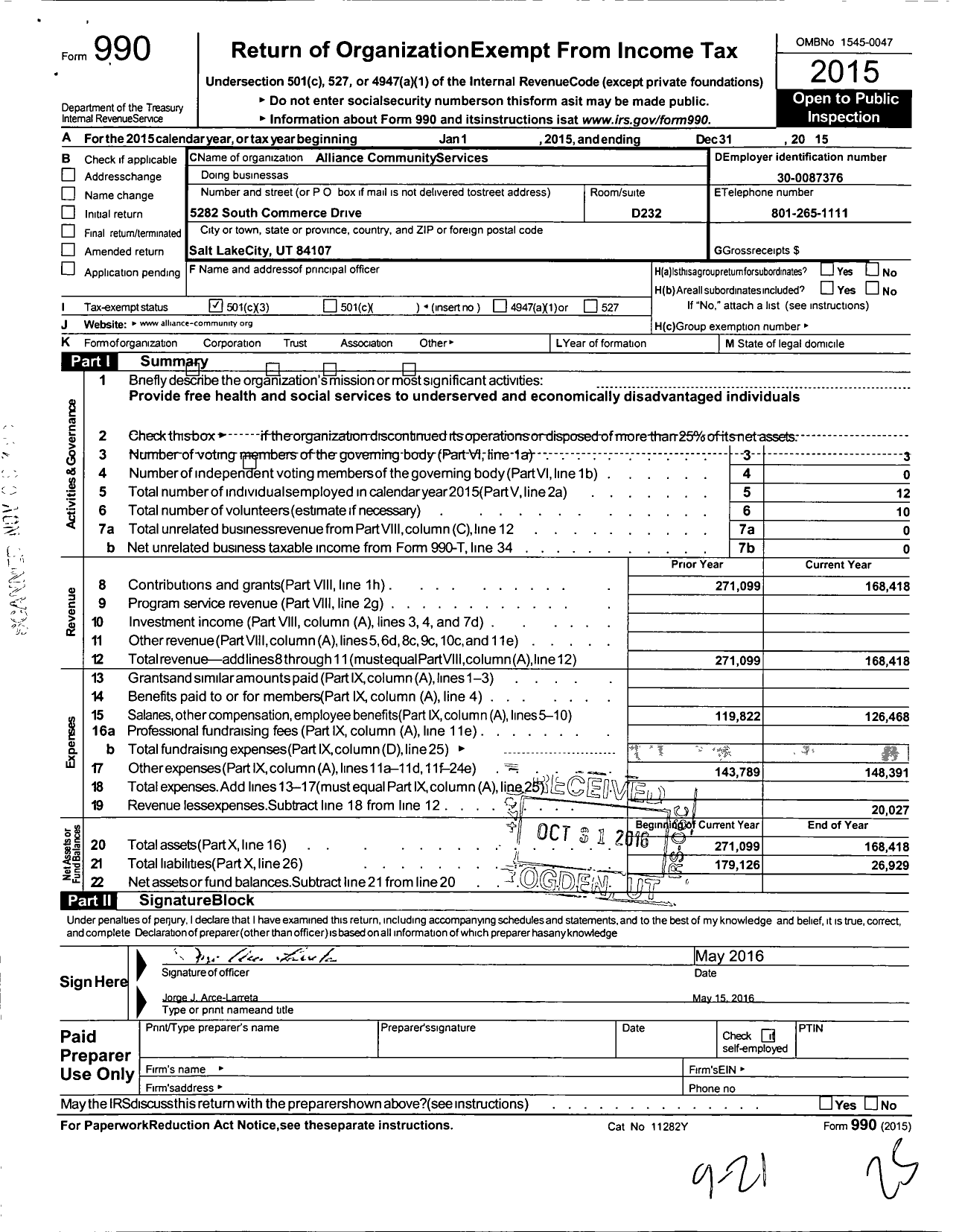 Image of first page of 2015 Form 990 for Alliance Community Services