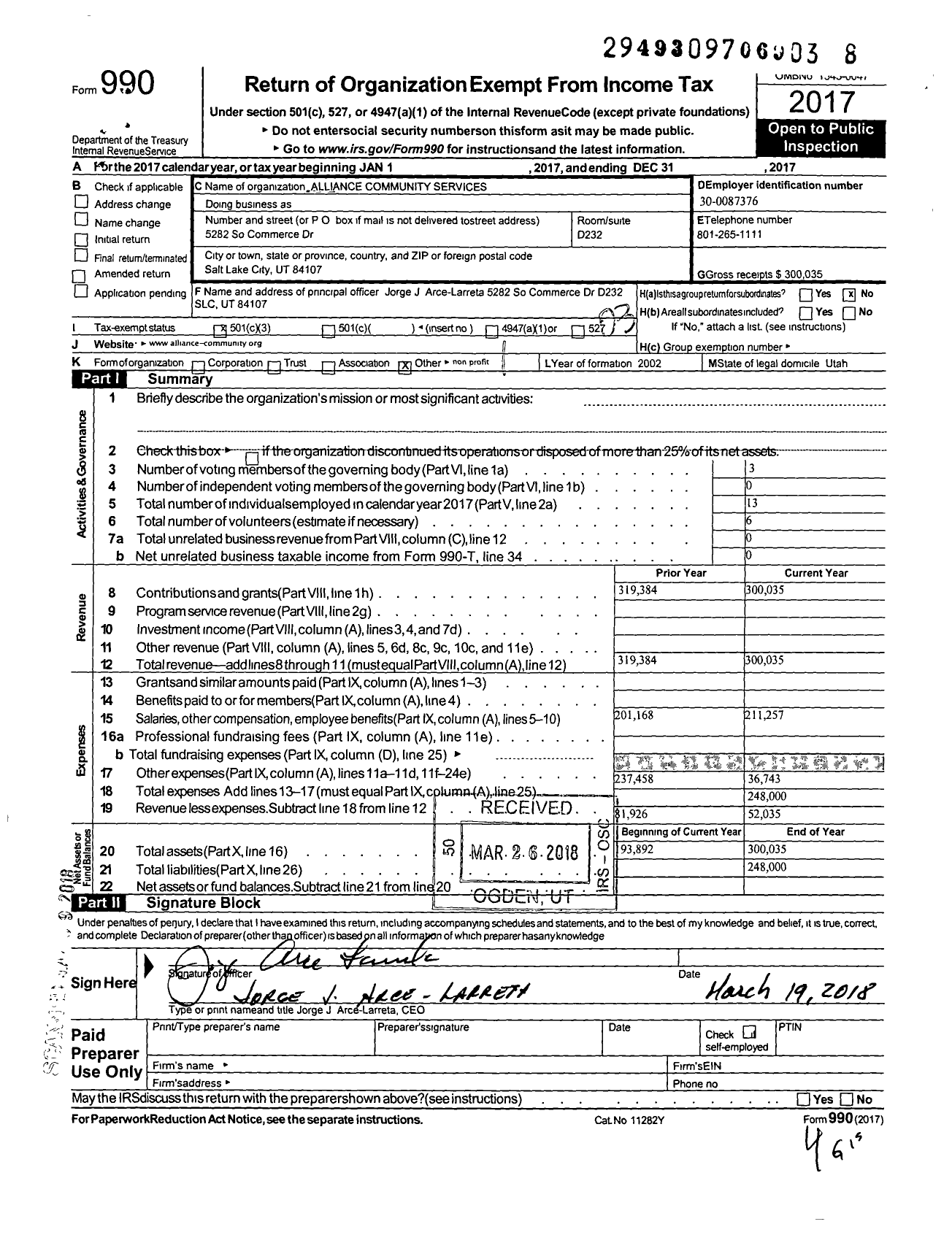 Image of first page of 2017 Form 990 for Alliance Community Services