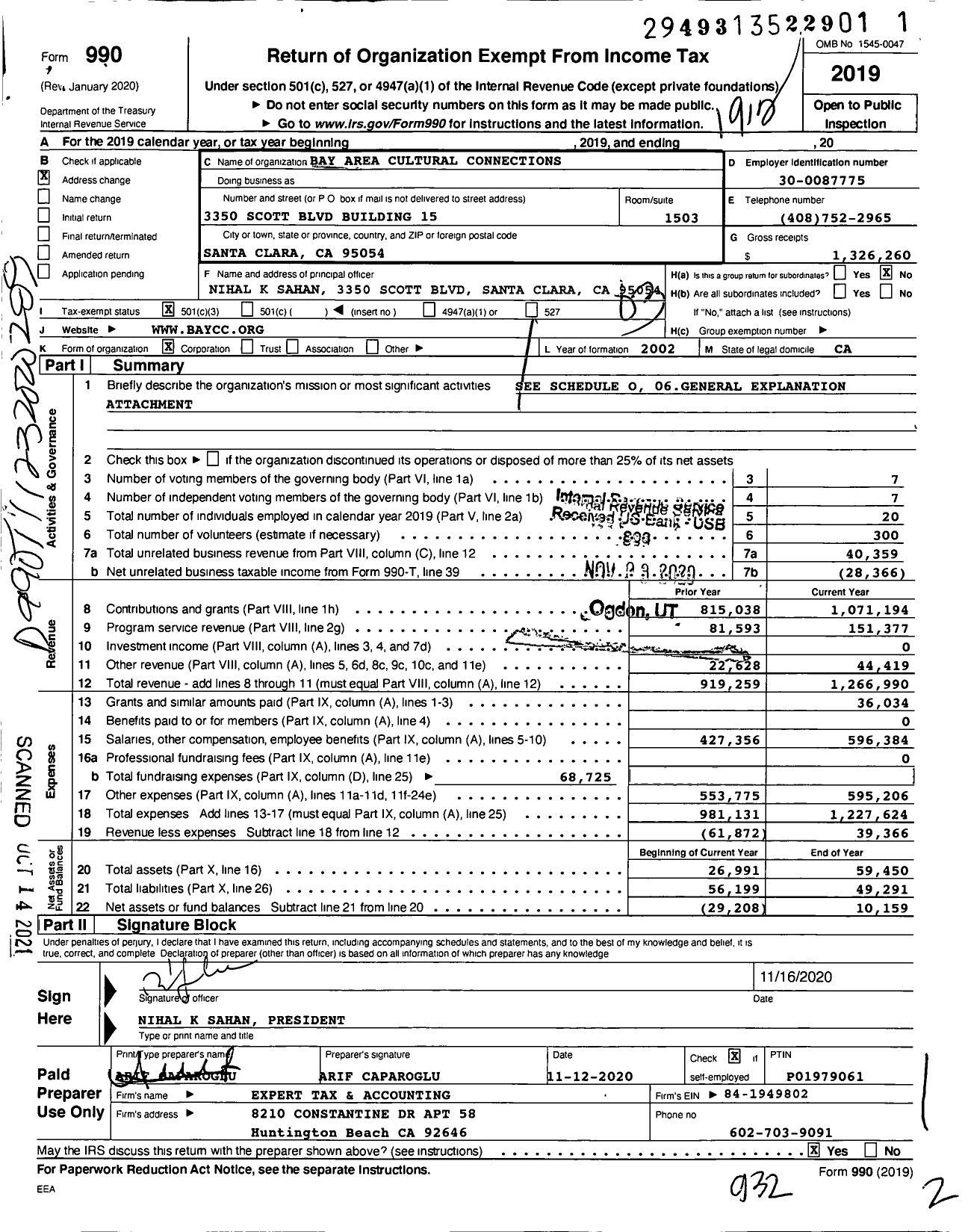 Image of first page of 2019 Form 990 for Bay Area Cultural Connections (BAYCC)