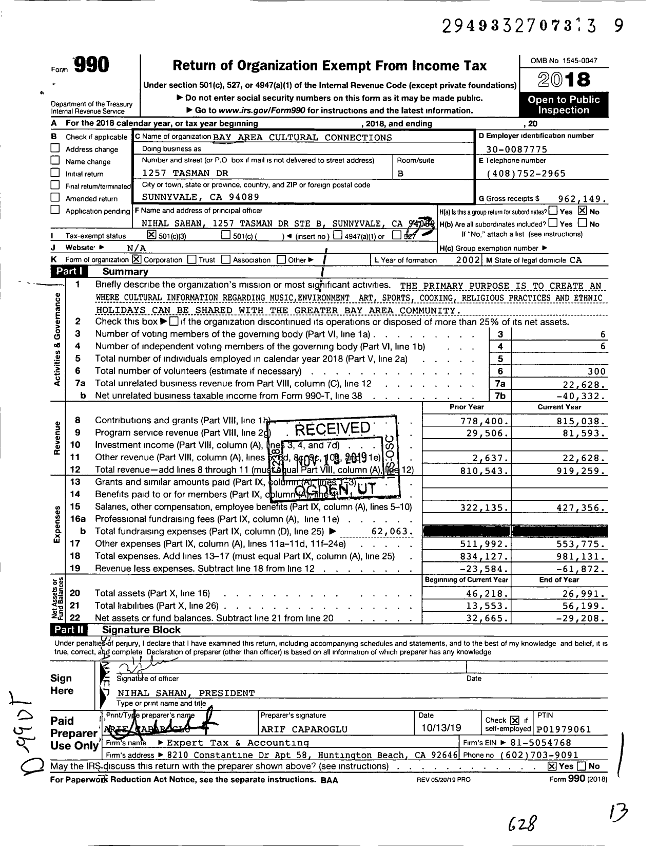 Image of first page of 2018 Form 990 for Bay Area Cultural Connections (BAYCC)