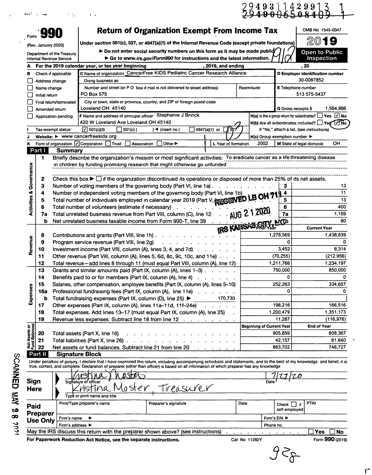 Image of first page of 2019 Form 990 for CancerFree KIDS