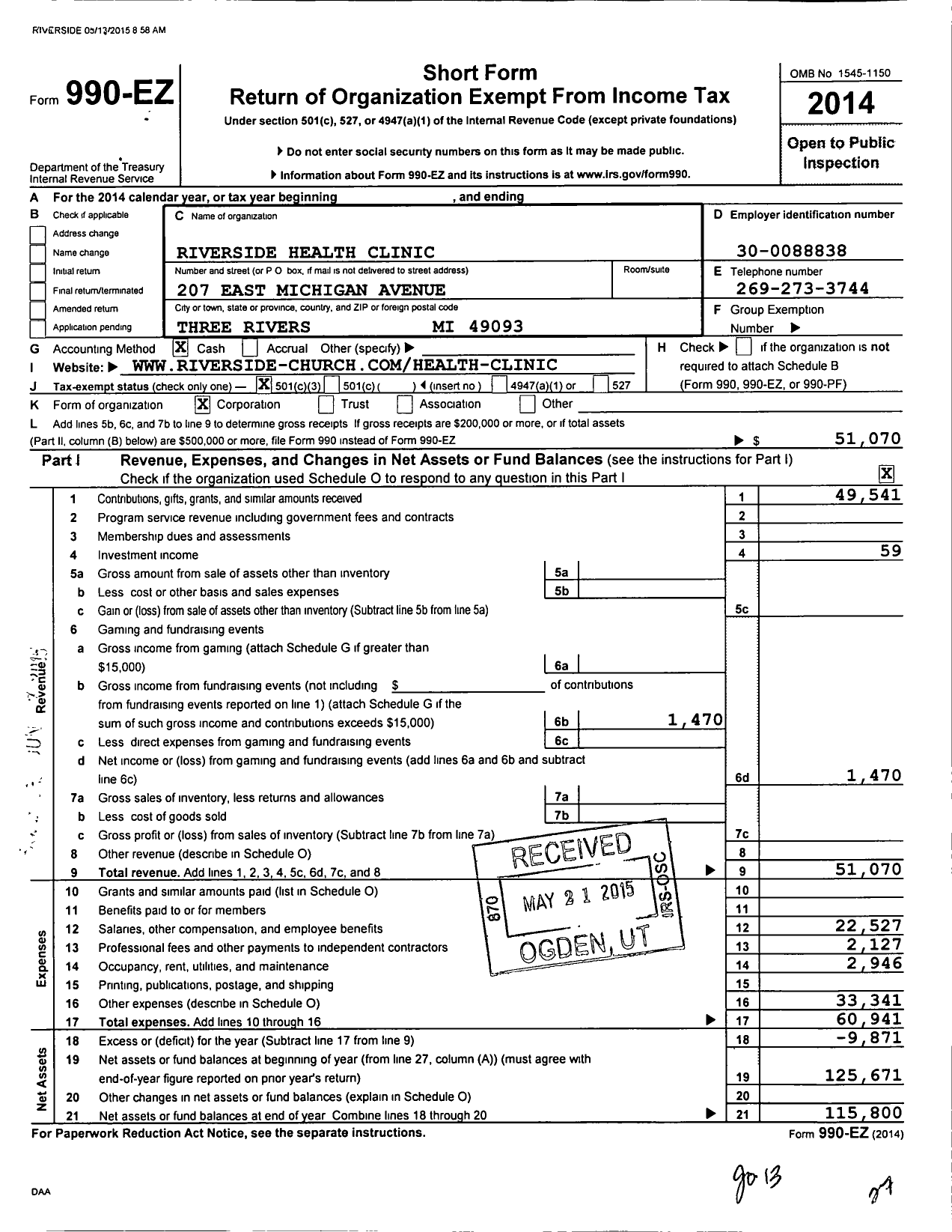 Image of first page of 2014 Form 990EZ for Riverside Health Clinic