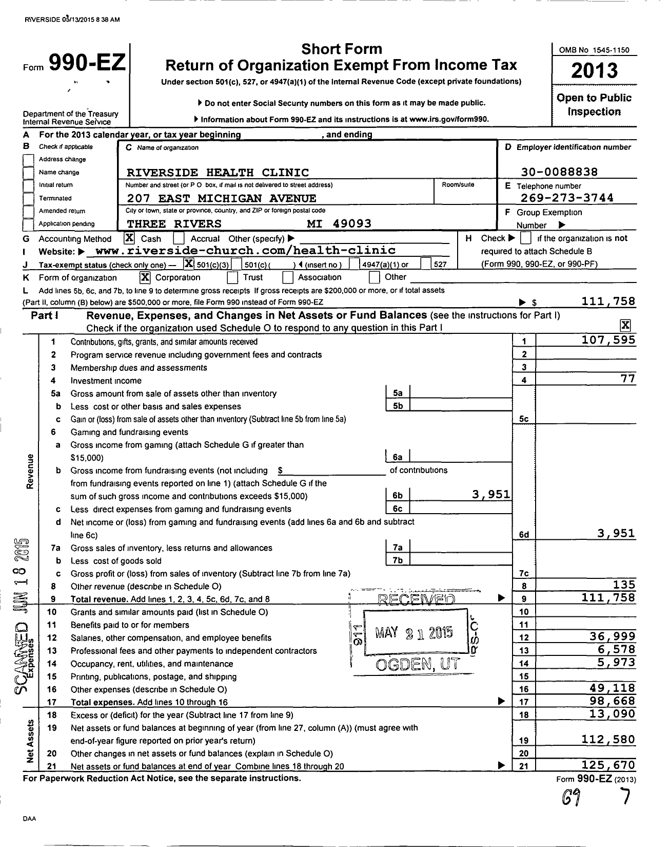 Image of first page of 2013 Form 990EZ for Riverside Health Clinic