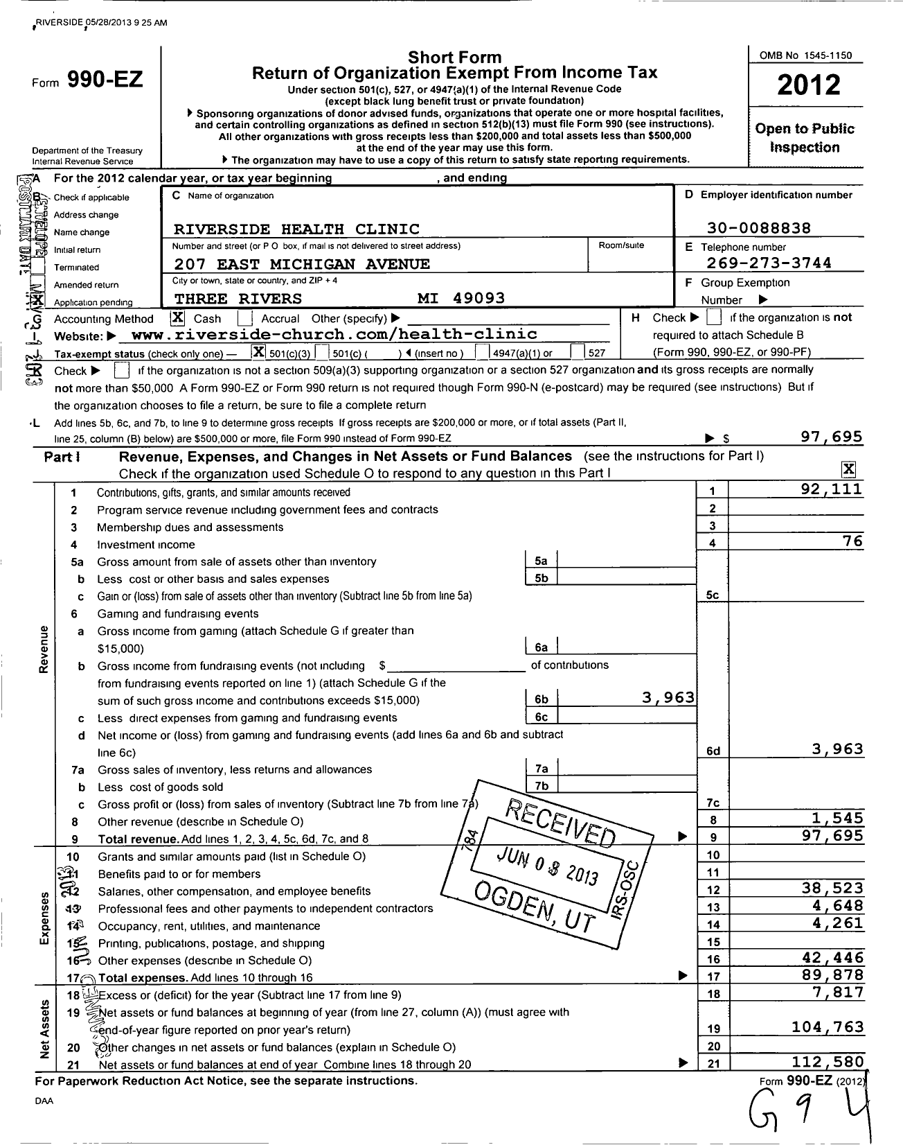 Image of first page of 2012 Form 990EZ for Riverside Health Clinic