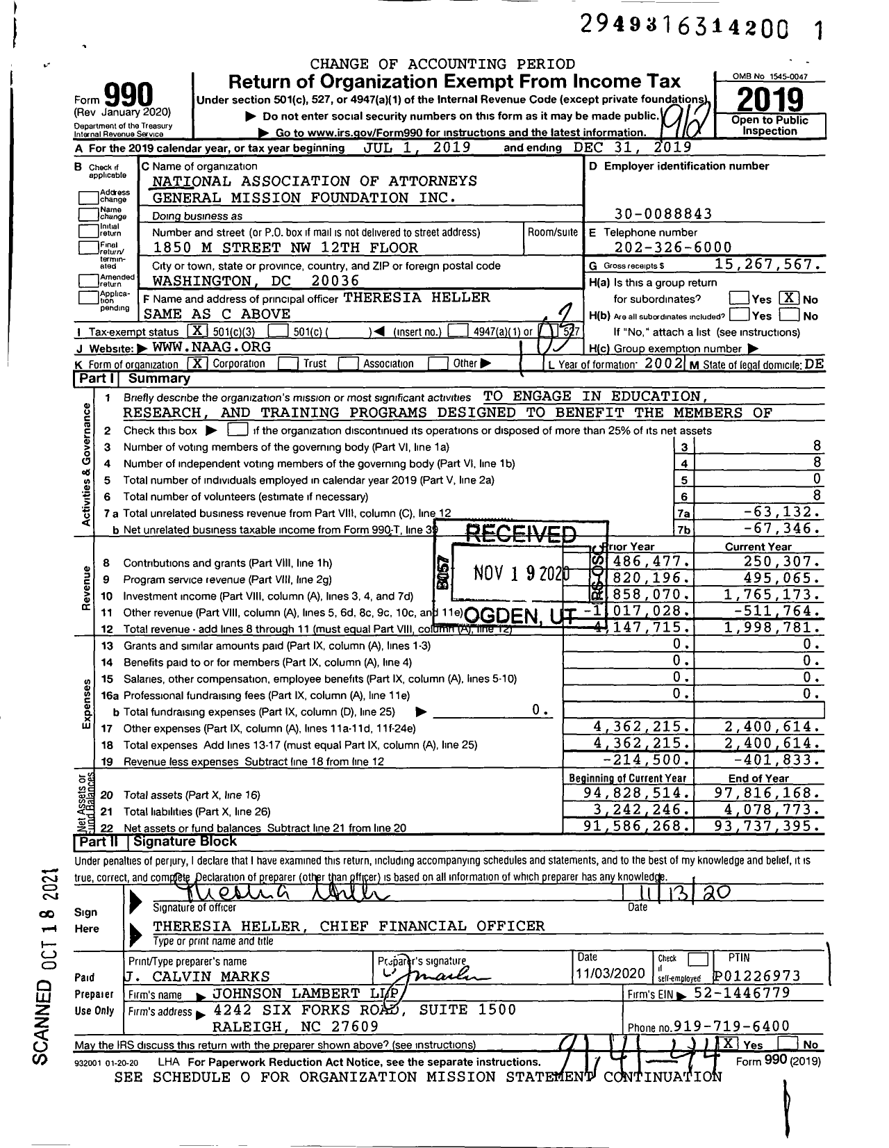 Image of first page of 2019 Form 990 for National Association of Attorneys General Mission Foundation
