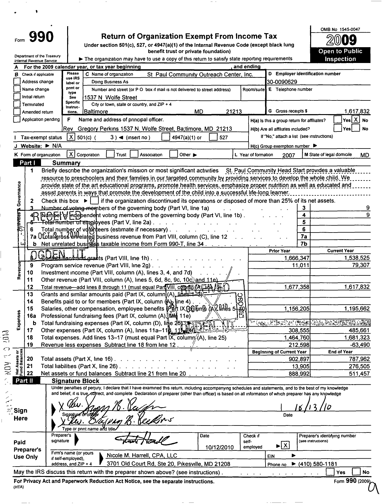 Image of first page of 2009 Form 990 for St Paul Community Outreach Center / St Paul Community Head Start