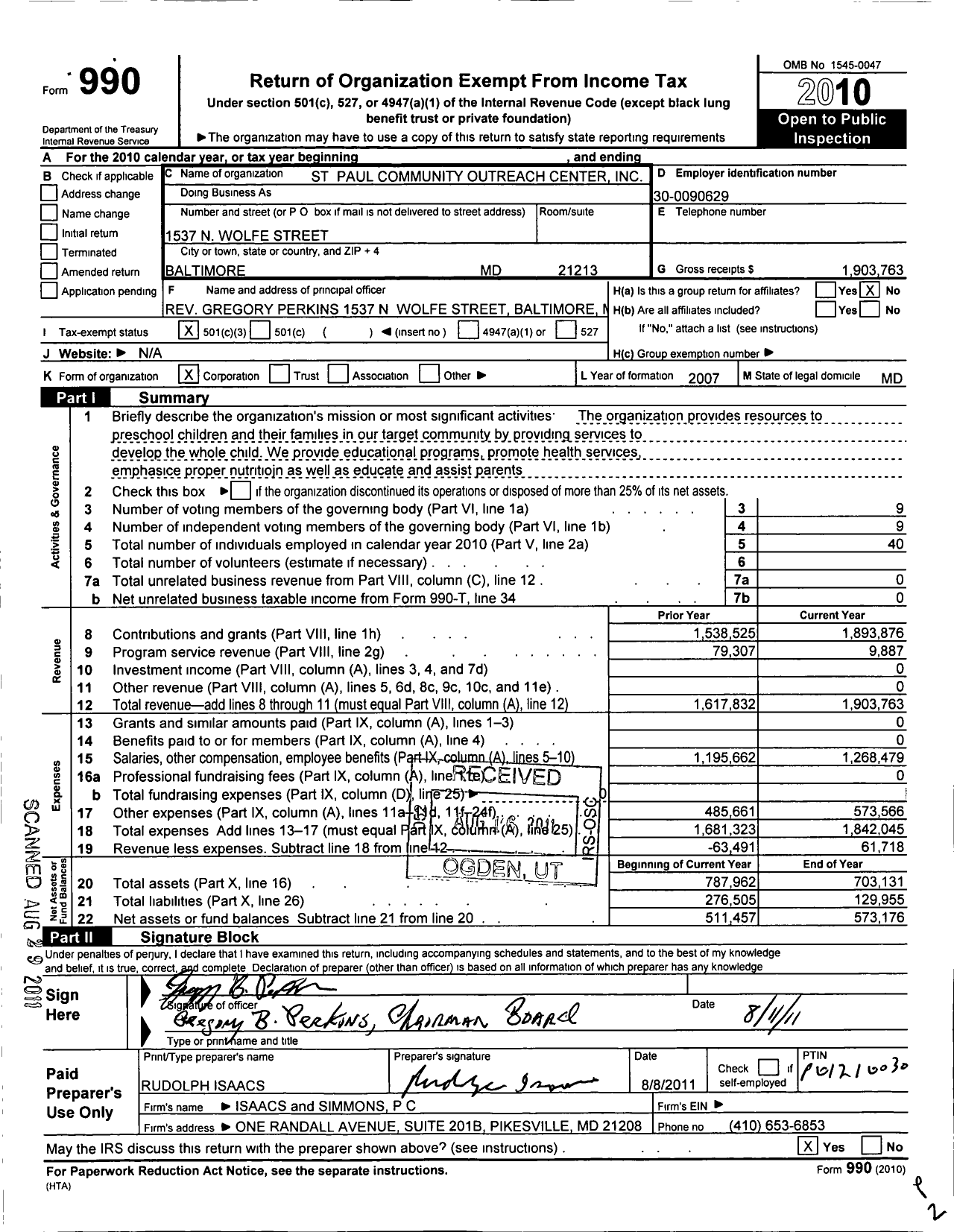 Image of first page of 2010 Form 990 for St Paul Community Outreach Center / St Paul Community Head Start