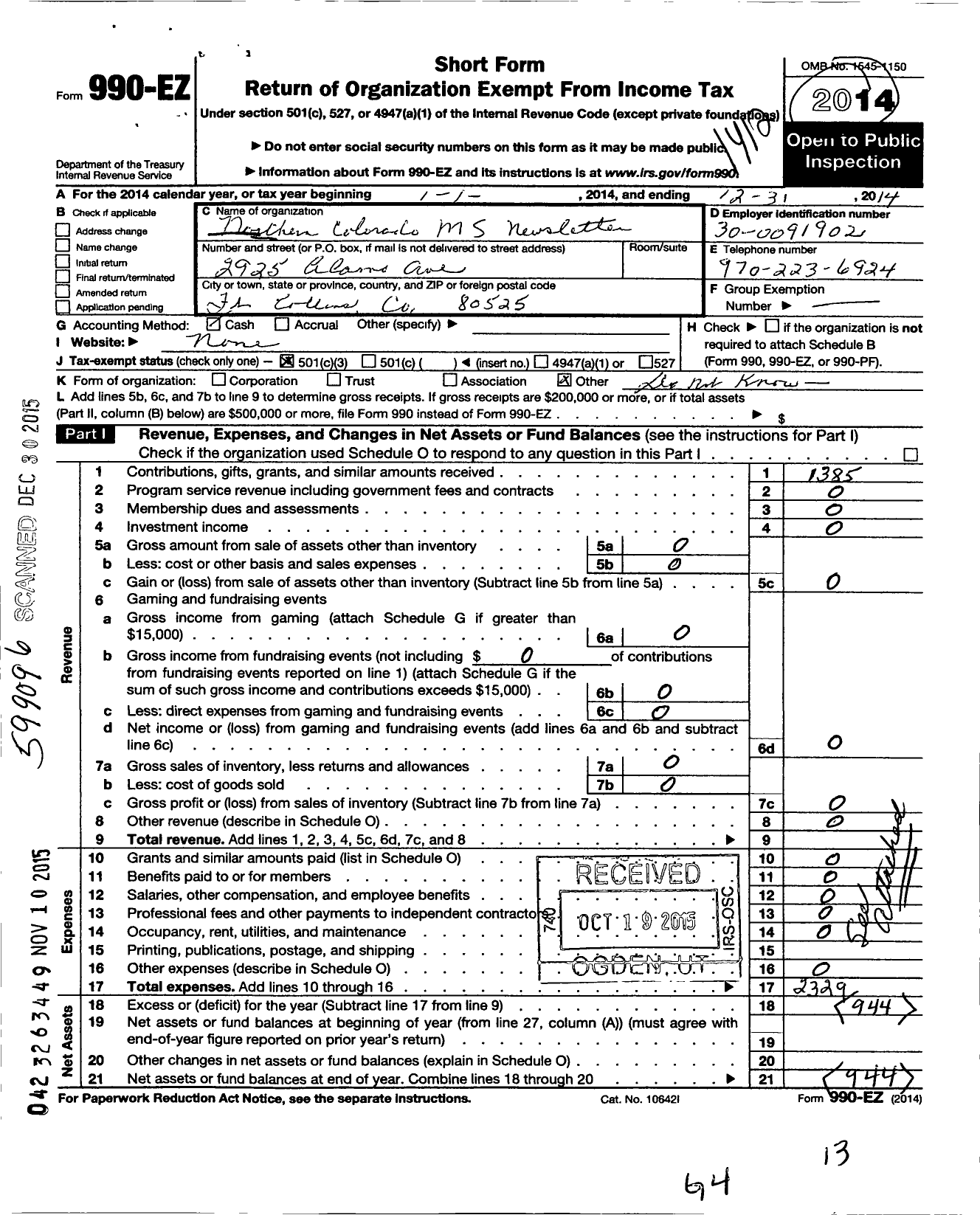 Image of first page of 2014 Form 990EZ for Northern Colorado Multiple Sclerosis Newsletter